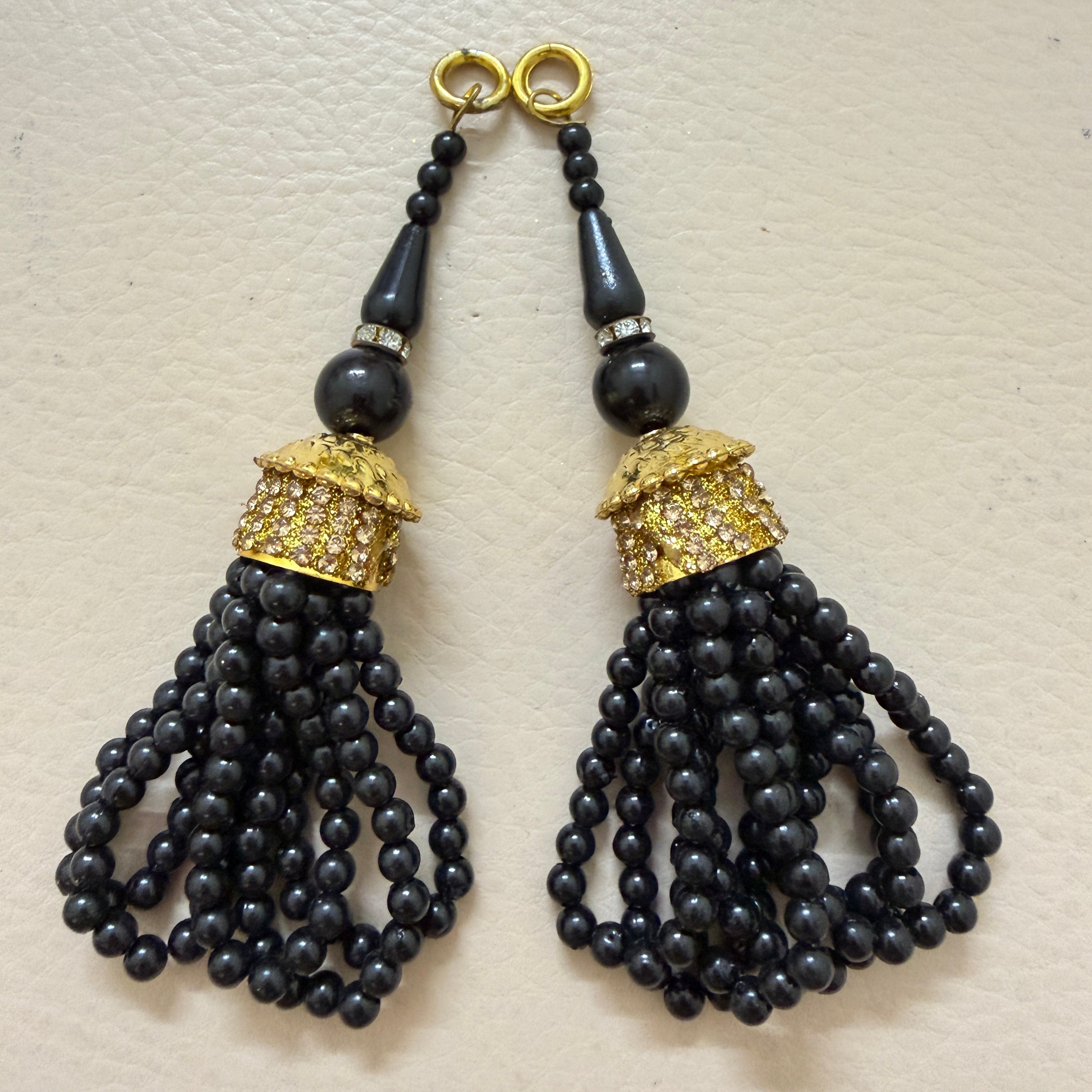 Black Round Bead Looped Tassel Latkan with Gold Pave Rhinestone Barrel Cap – Set of 10