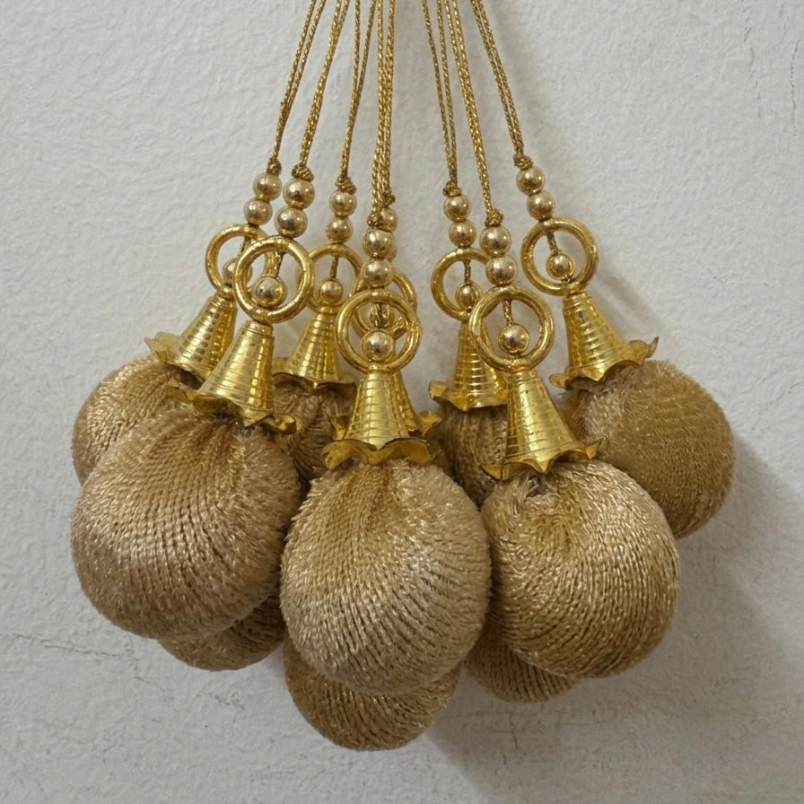 Gold Zari Pom Pom Latkan with Gold Ribbed Cone Cap & Ring – Set of 10