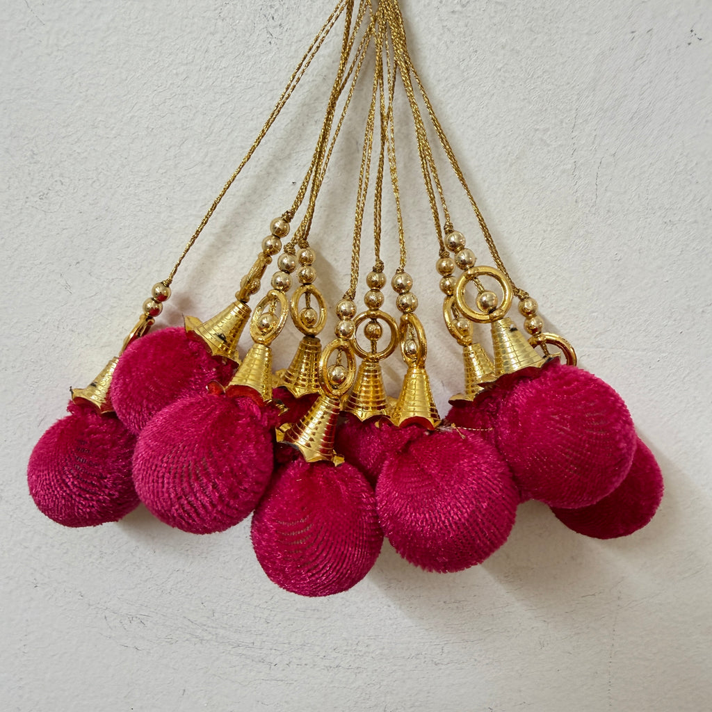 Pink Silk Thread Pom Pom Tassels with Gold Ribbed Cone Cap & Ring – Set of 10