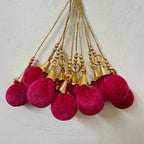 Pink Silk Thread Pom Pom Tassels with Gold Ribbed Cone Cap & Ring – Set of 10