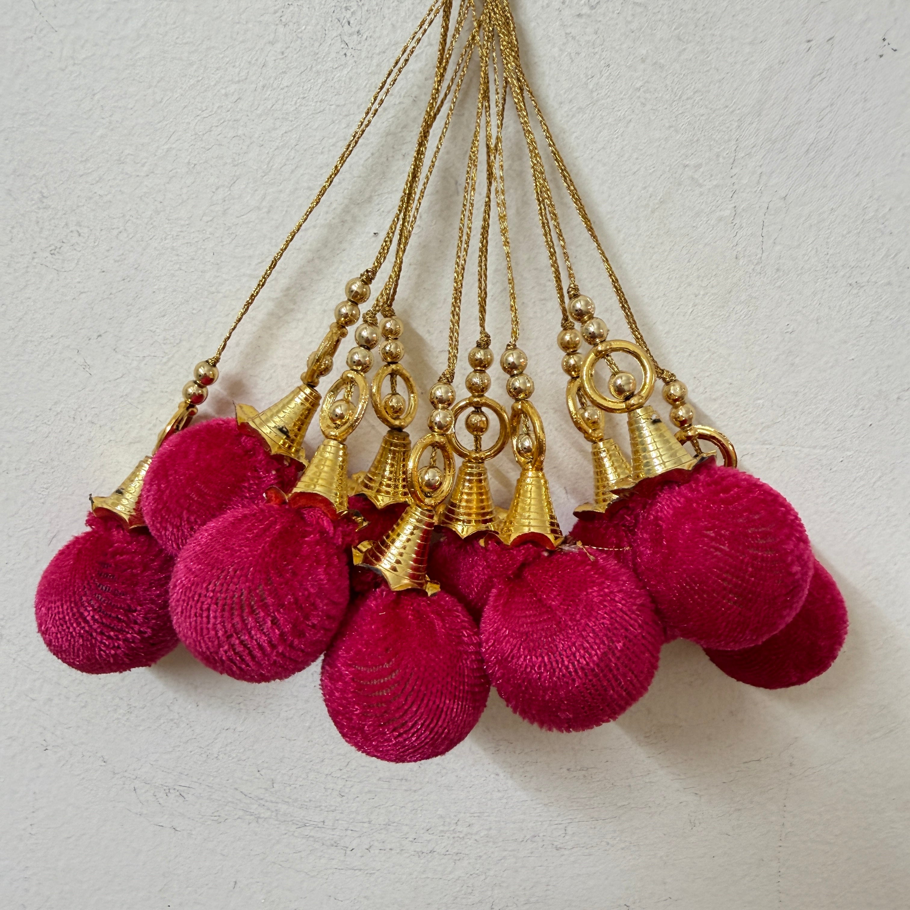 Pink Silk Thread Pom Pom Tassels with Gold Ribbed Cone Cap & Ring – Set of 10