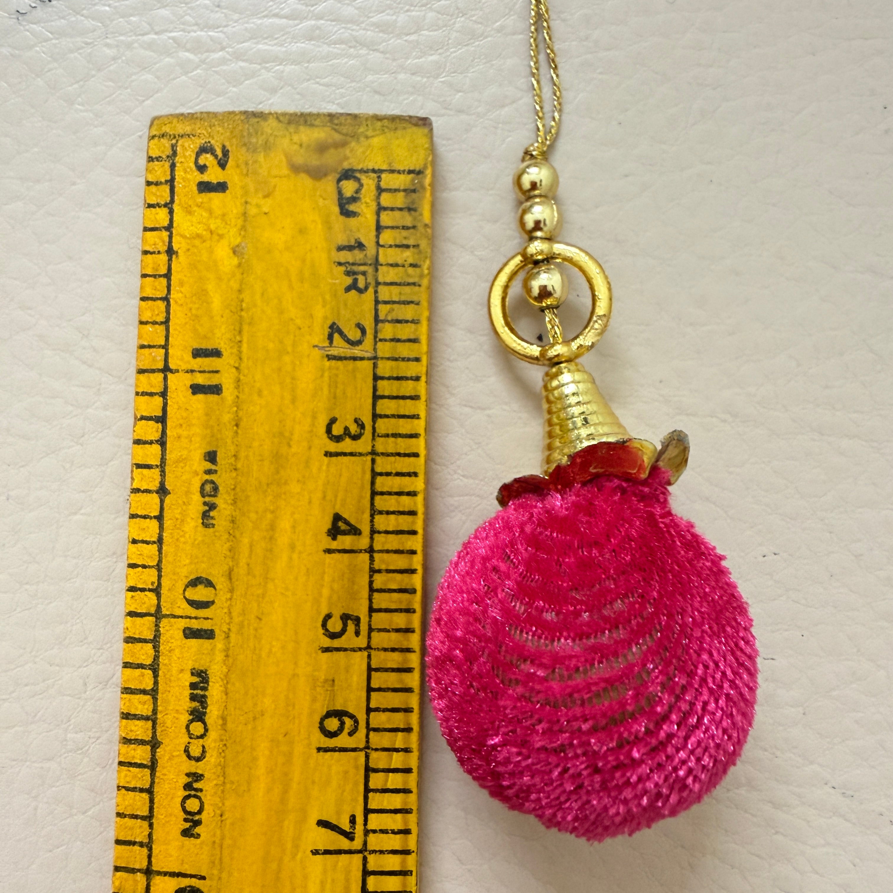 Pink Silk Thread Pom Pom Tassels with Gold Ribbed Cone Cap & Ring – Set of 10