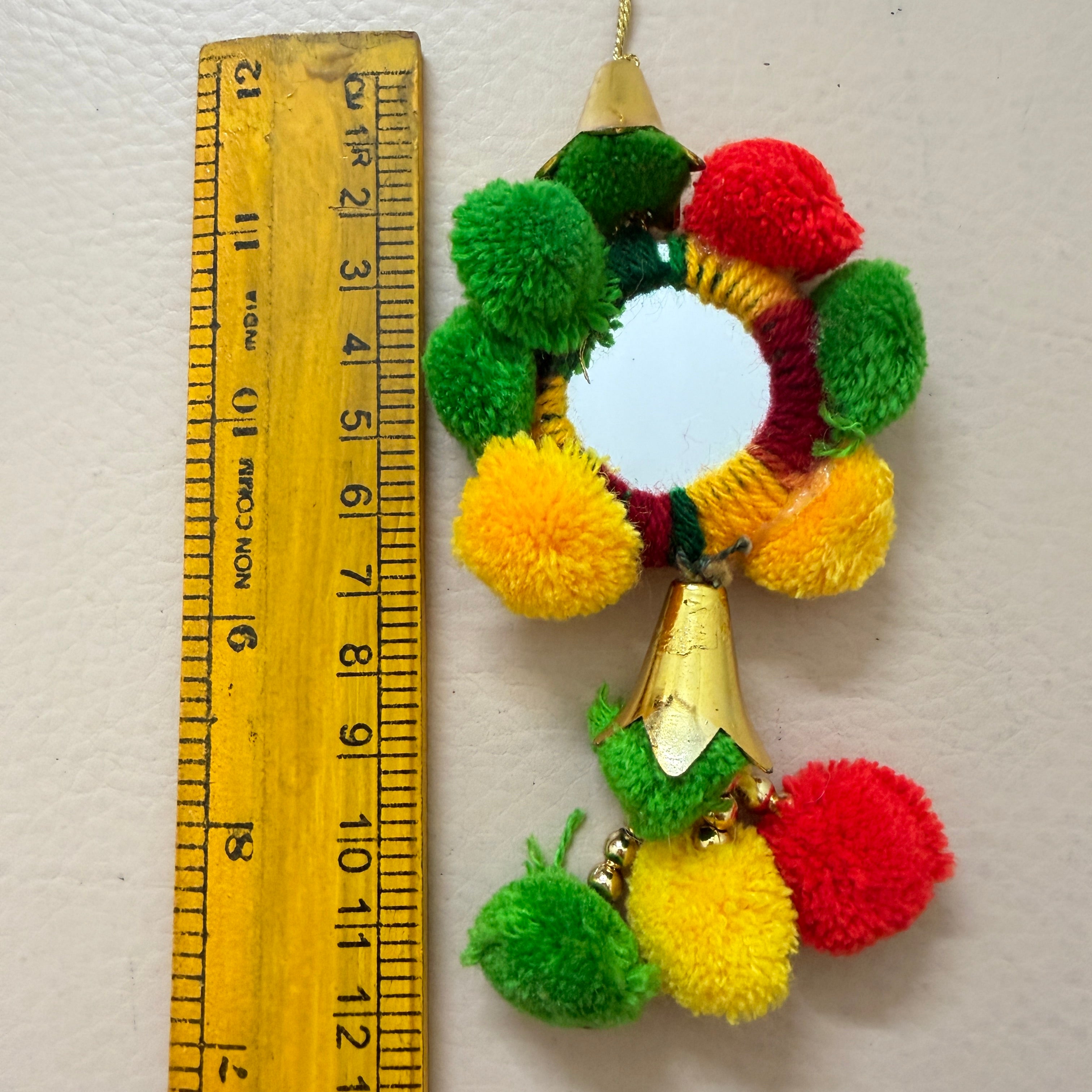 Multicolour Pom Pom Mirror Disc Tassles with Gold Cone Cap – Set of 2