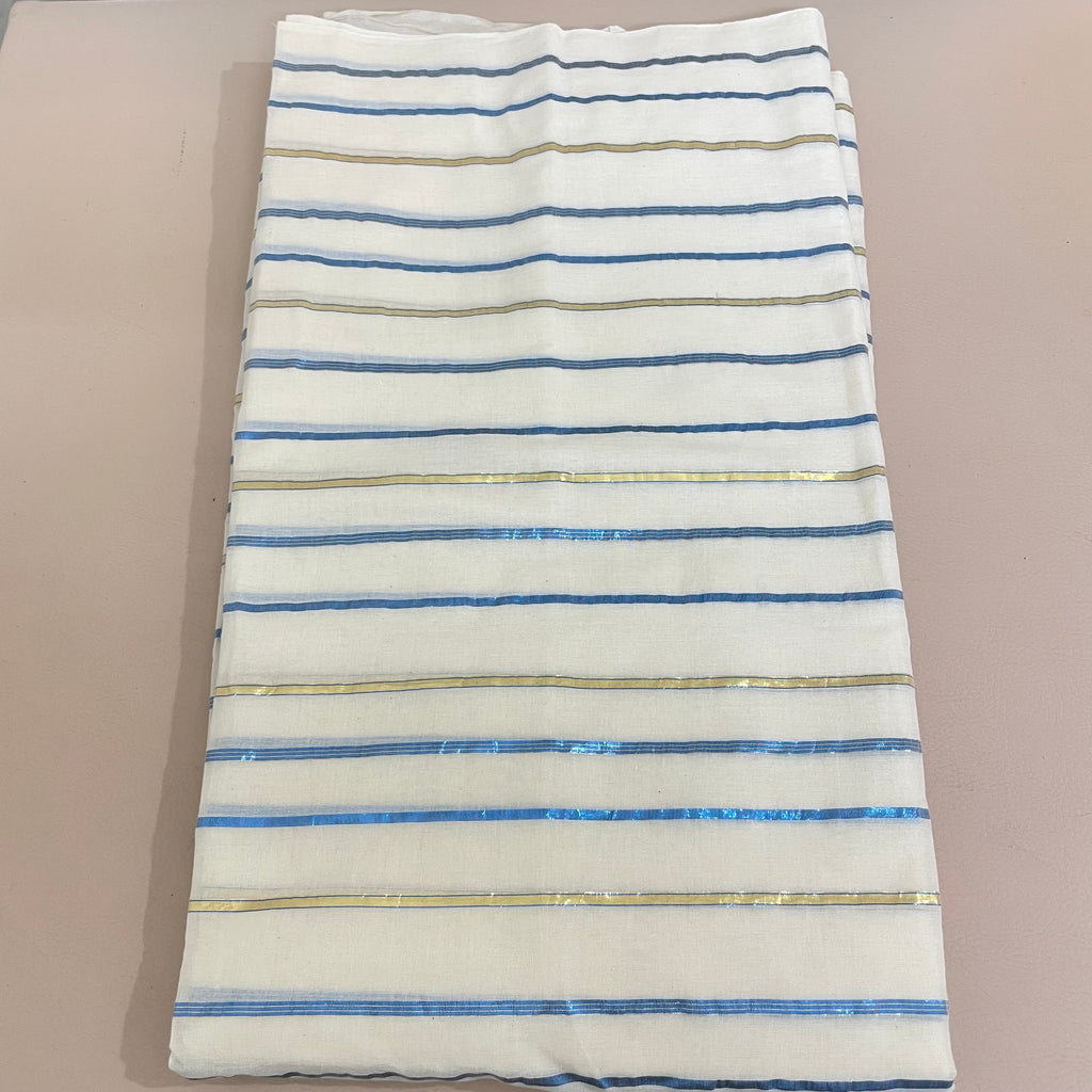 Lurex Cotton Fabric by Yard with Blue & Gold Metallic Stripes