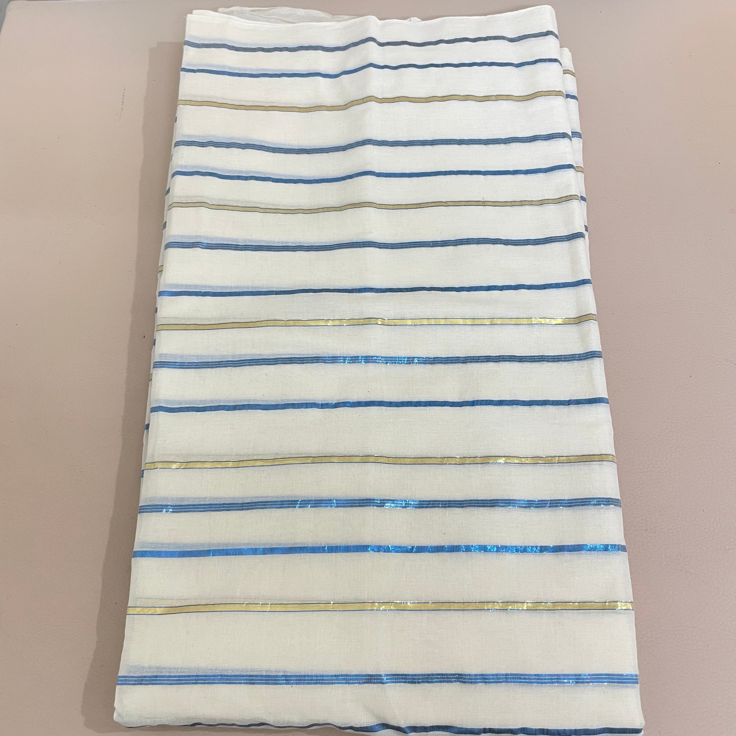 Lurex Cotton Fabric by Yard with Blue & Gold Metallic Stripes