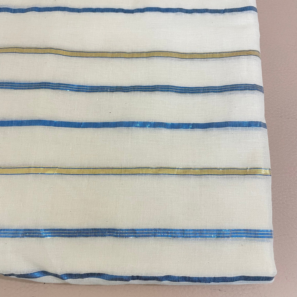 Lurex Cotton Fabric by Yard with Blue & Gold Metallic Stripes