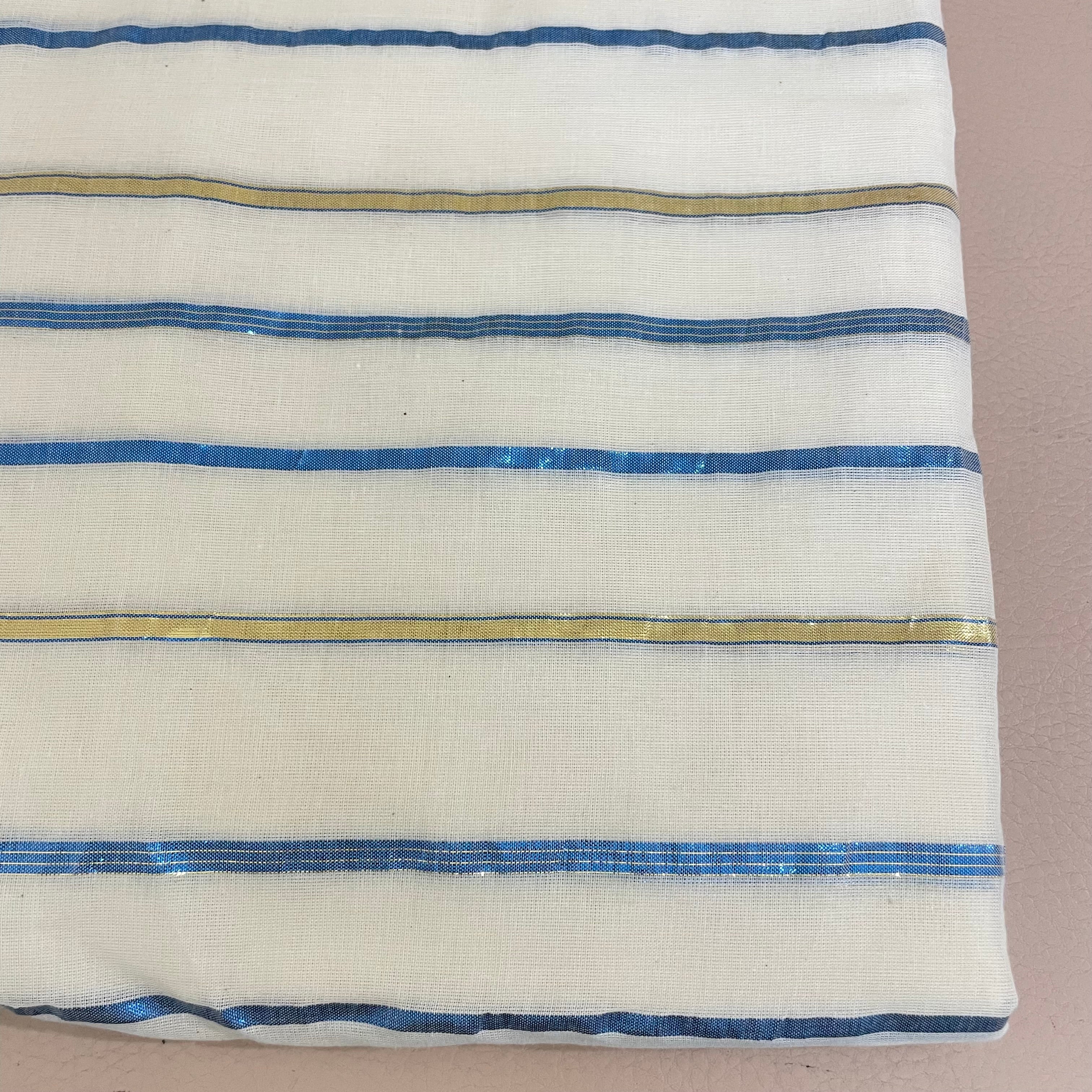 Lurex Cotton Fabric by Yard with Blue & Gold Metallic Stripes