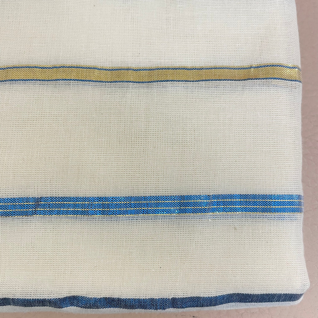 Lurex Cotton Fabric by Yard with Blue & Gold Metallic Stripes