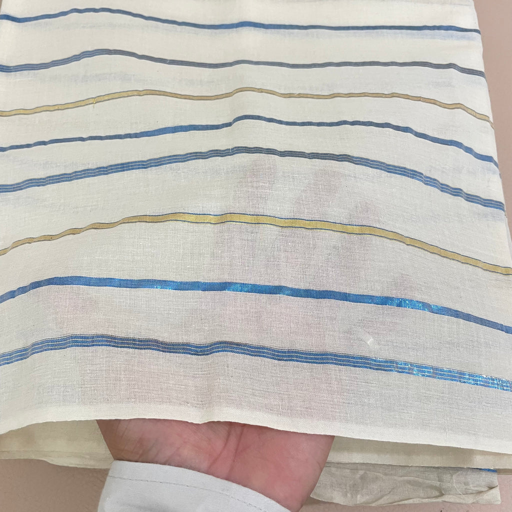 Lurex Cotton Fabric by Yard with Blue & Gold Metallic Stripes
