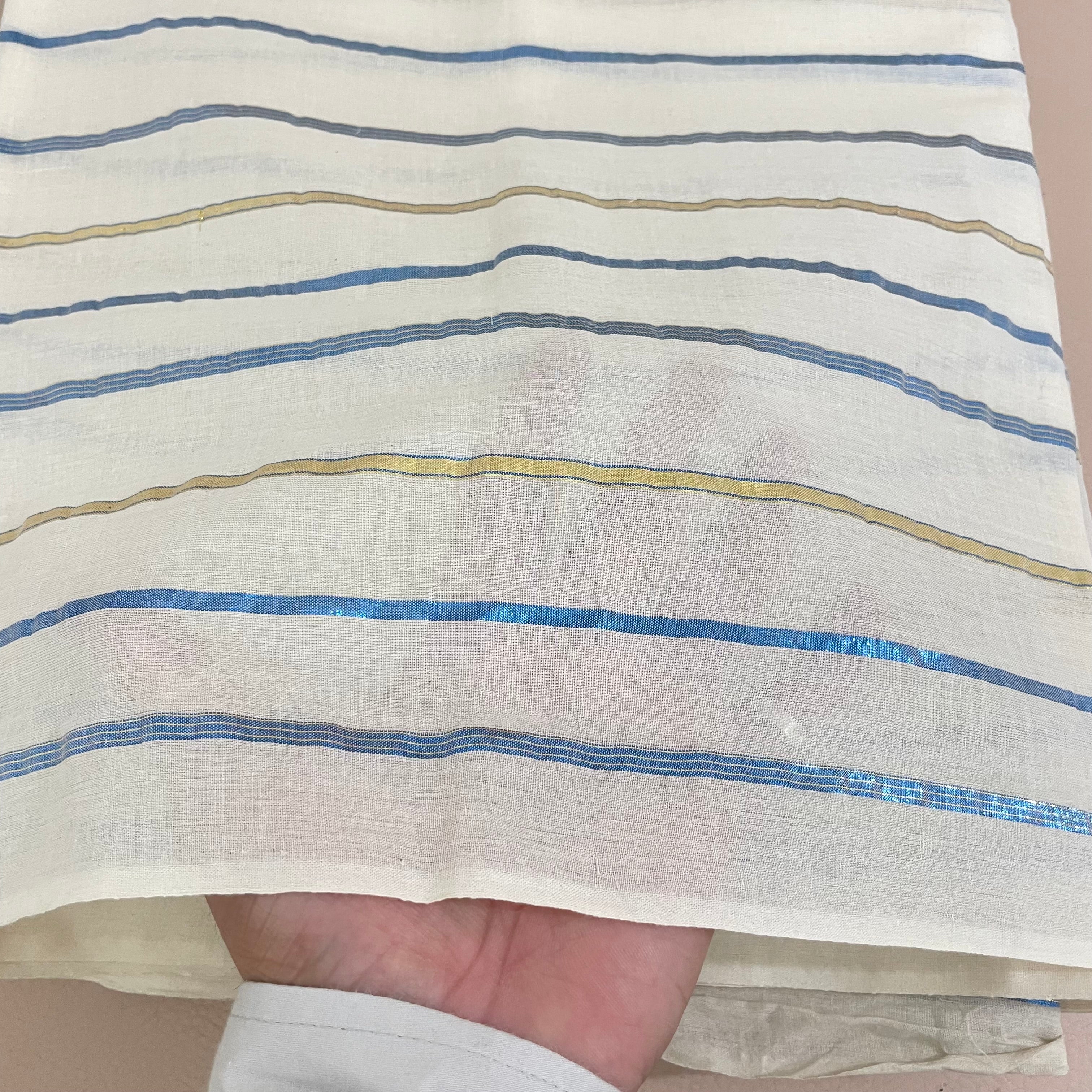 Lurex Cotton Fabric by Yard with Blue & Gold Metallic Stripes