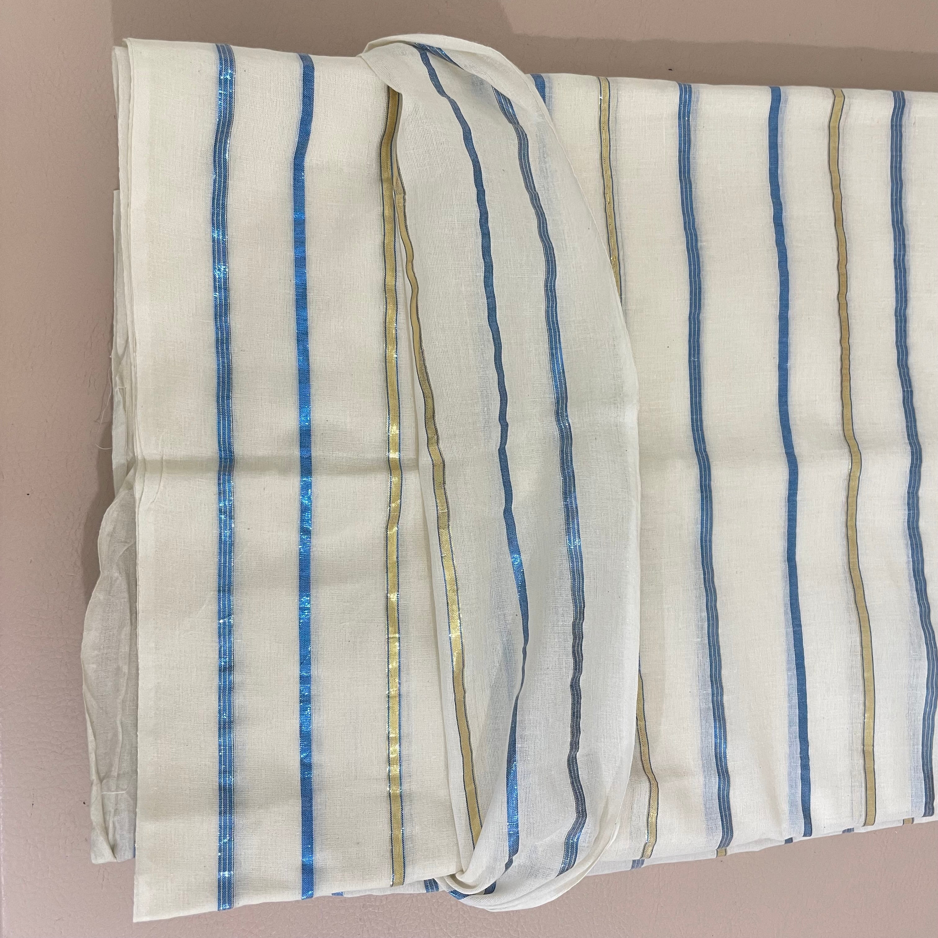 Lurex Cotton Fabric by Yard with Blue & Gold Metallic Stripes