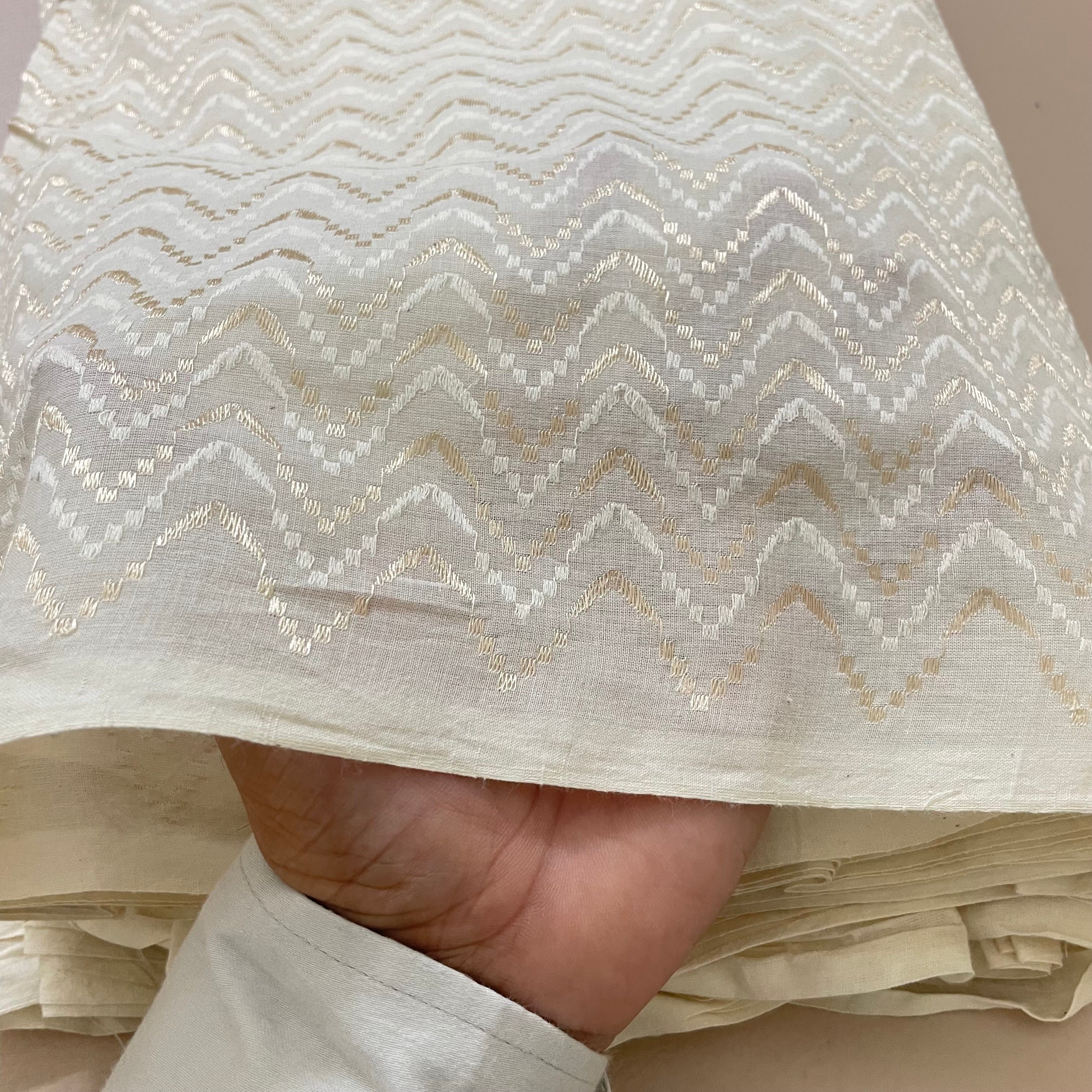 Fabric by Yard Premium Cotton with Beige Chevron Thread Embroidery