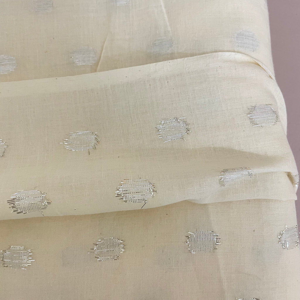 Off-White Cotton Blend Fabric with Silver Polka Dot Butis – By the Yard