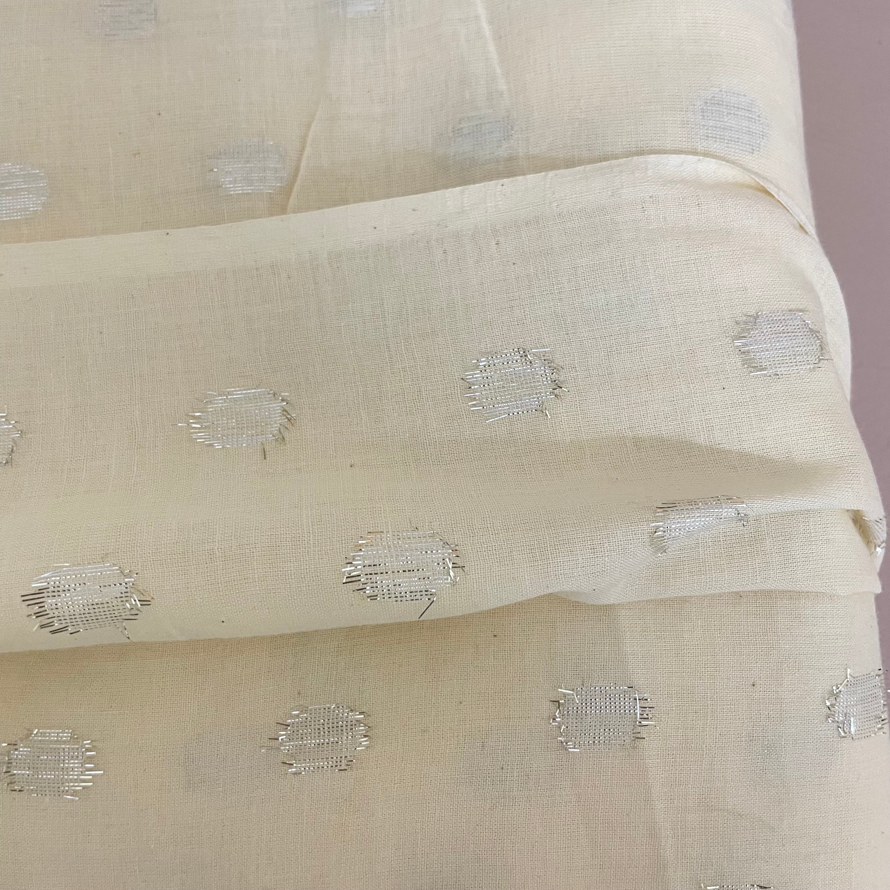 Off-White Cotton Blend Fabric with Silver Polka Dot Butis – By the Yard