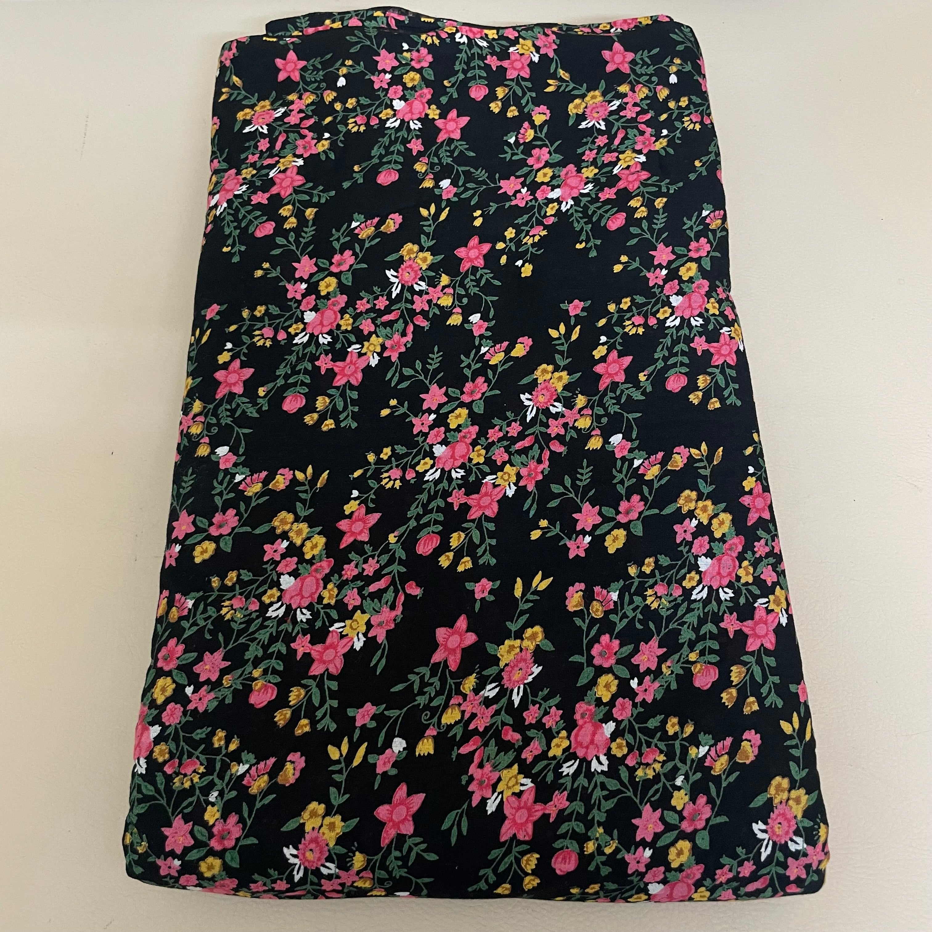 Dainty Wildflower Cotton Fabric by Yard – 42" Wide – Pink & Yellow Floral on Jet Black