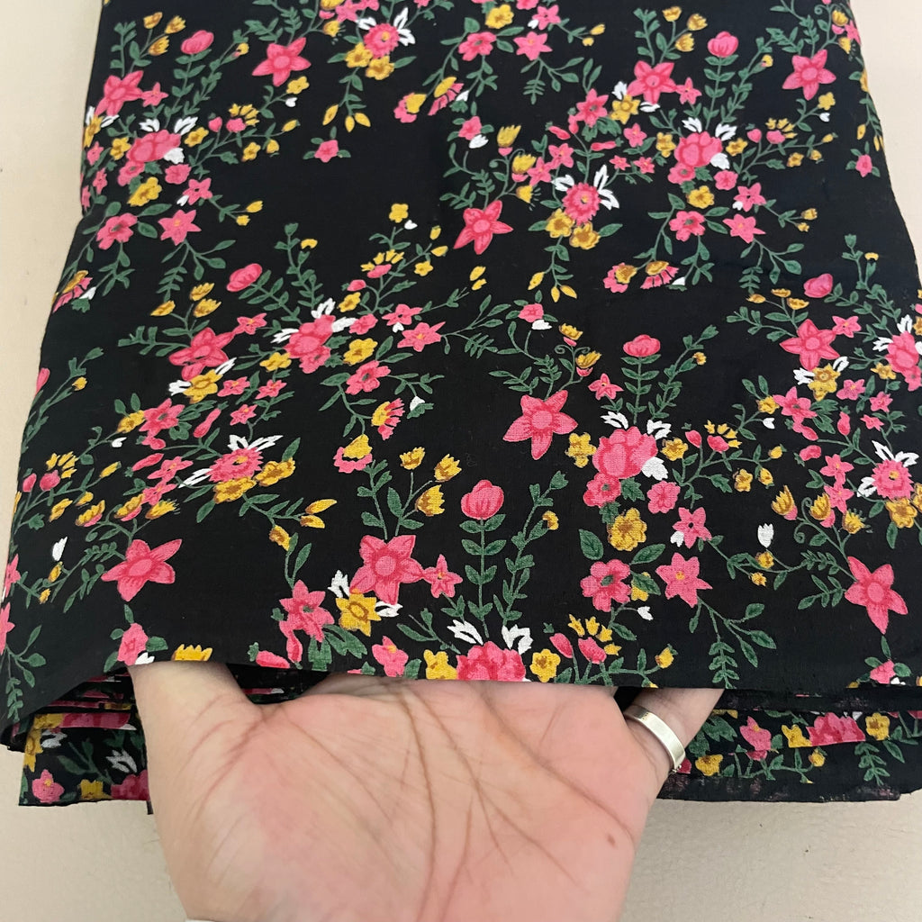 Dainty Wildflower Cotton Fabric by Yard – 42" Wide – Pink & Yellow Floral on Jet Black