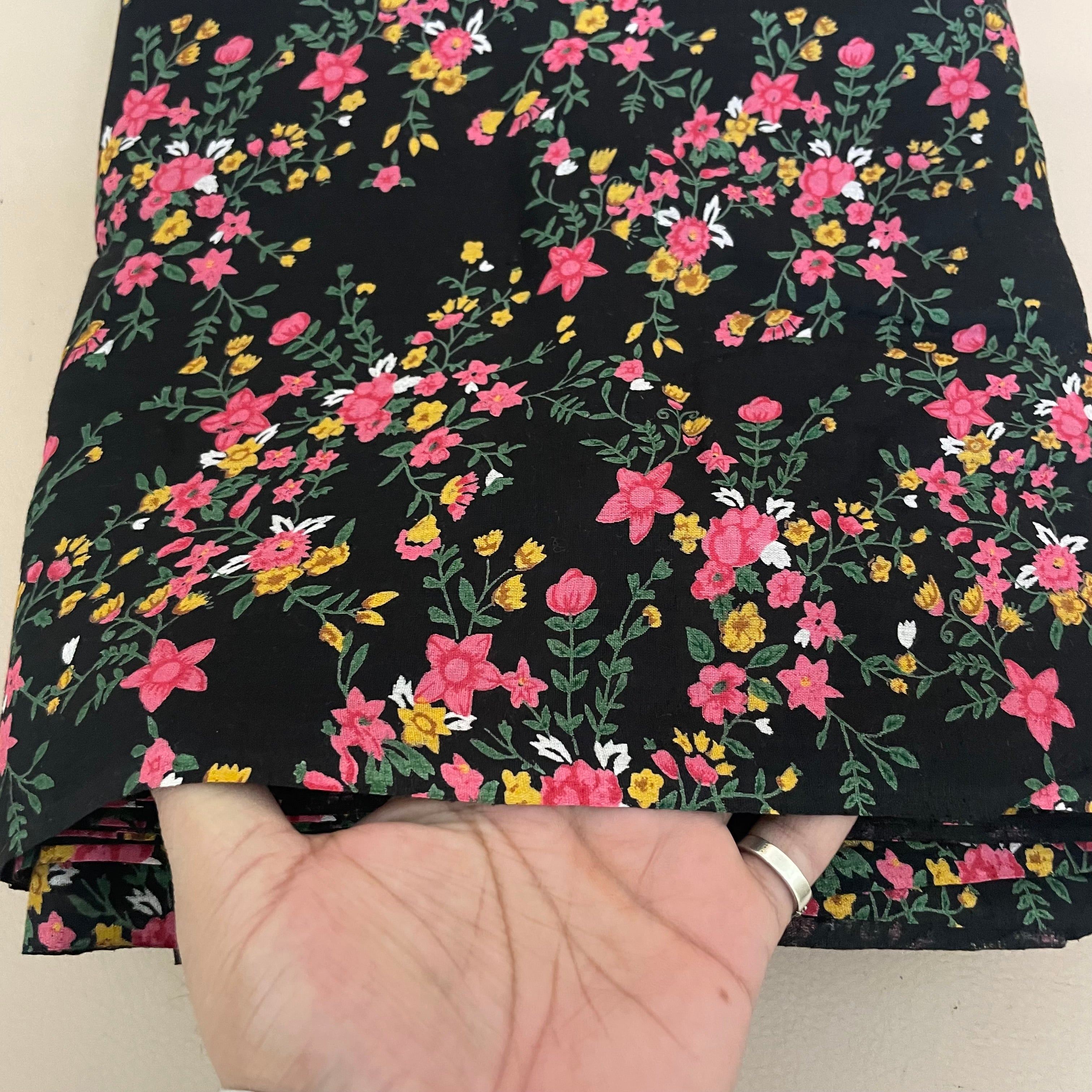 Dainty Wildflower Cotton Fabric by Yard – 42" Wide – Pink & Yellow Floral on Jet Black