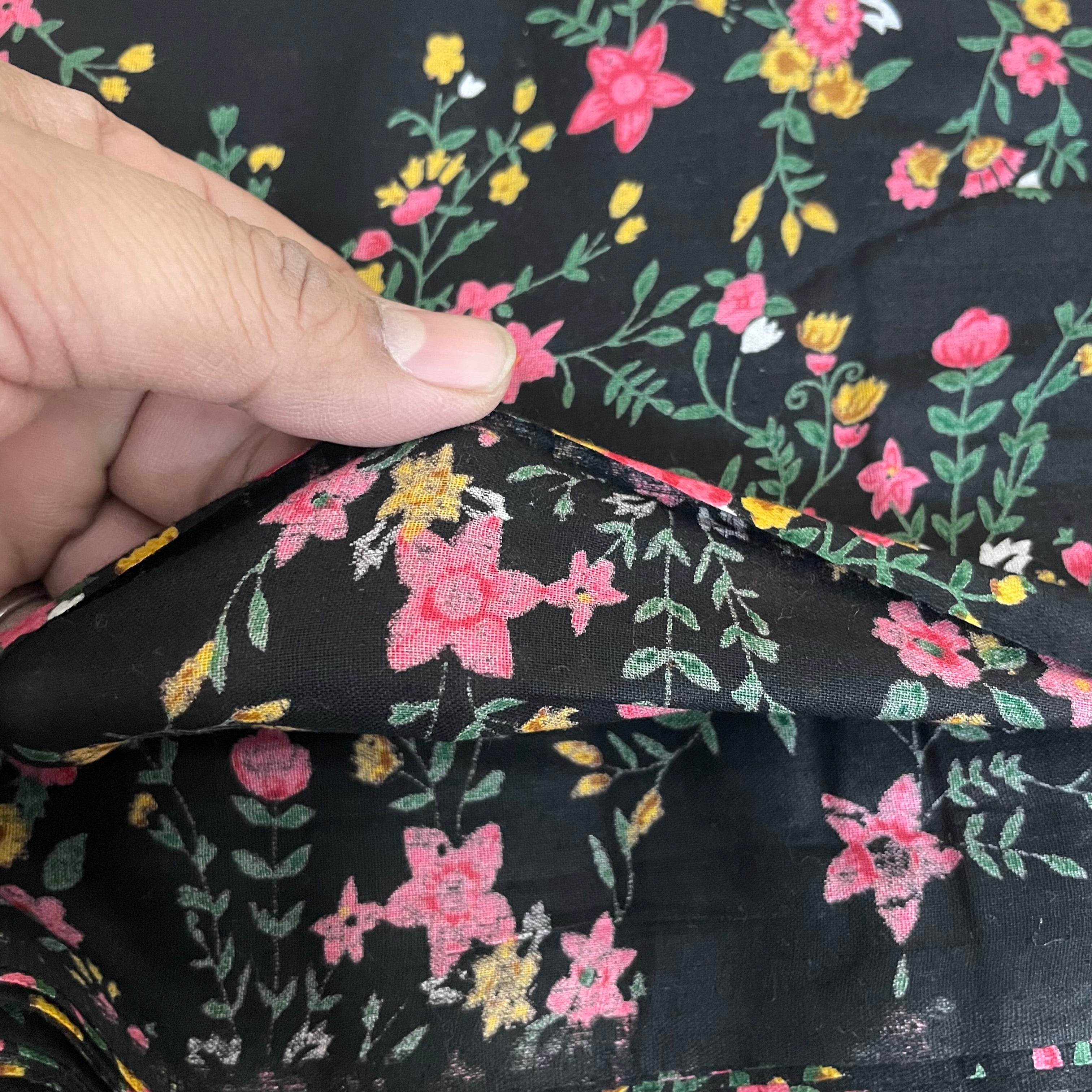 Dainty Wildflower Cotton Fabric by Yard – 42" Wide – Pink & Yellow Floral on Jet Black
