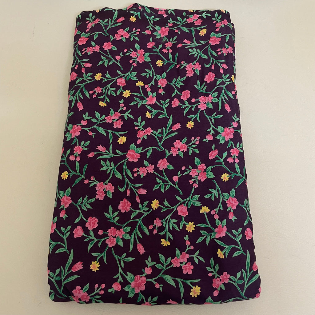 Midnight Purple Floral Cotton Fabric by Yard – 42" Wide – Pink Blossoms & Yellow Wildflowers