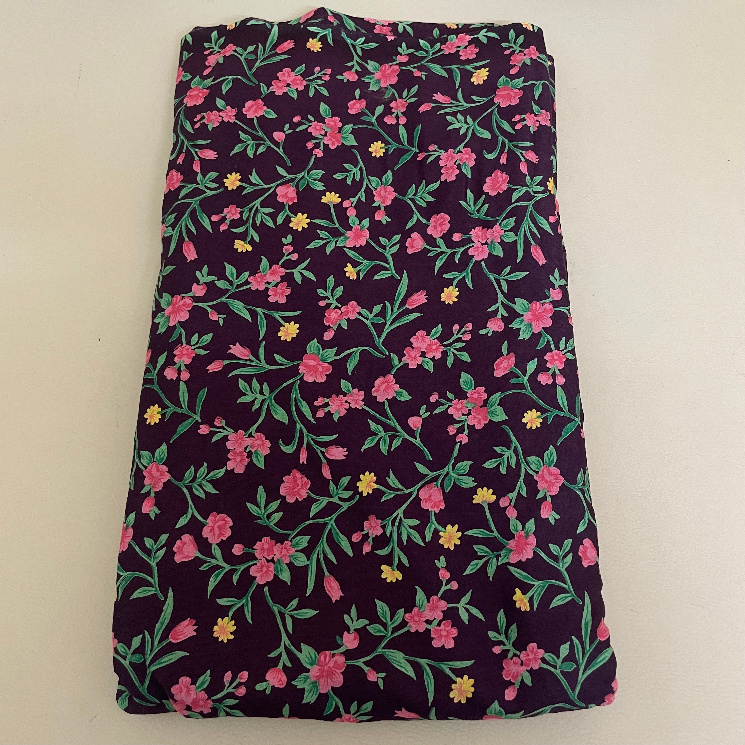 Midnight Purple Floral Cotton Fabric by Yard – 42" Wide – Pink Blossoms & Yellow Wildflowers