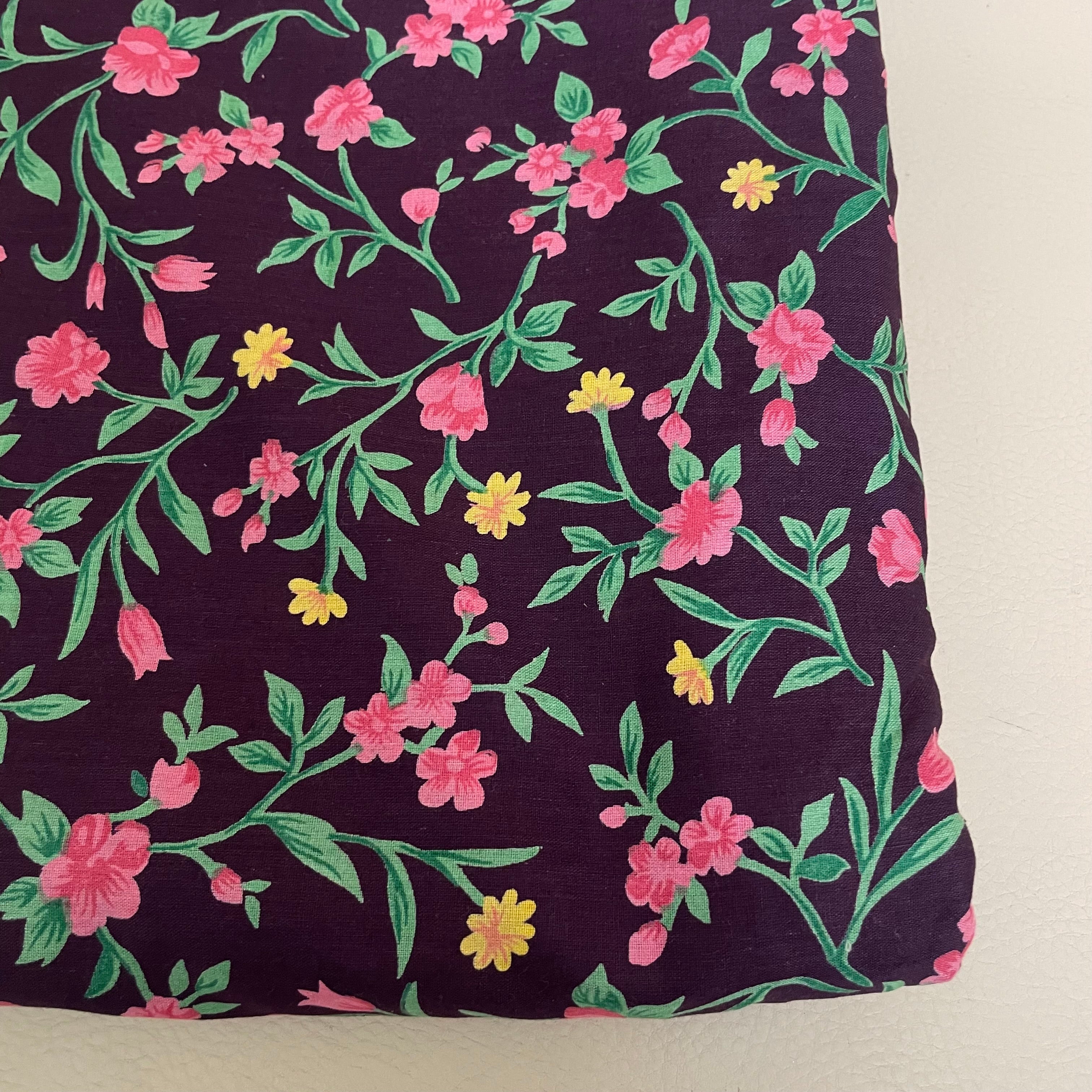 Midnight Purple Floral Cotton Fabric by Yard – 42" Wide – Pink Blossoms & Yellow Wildflowers