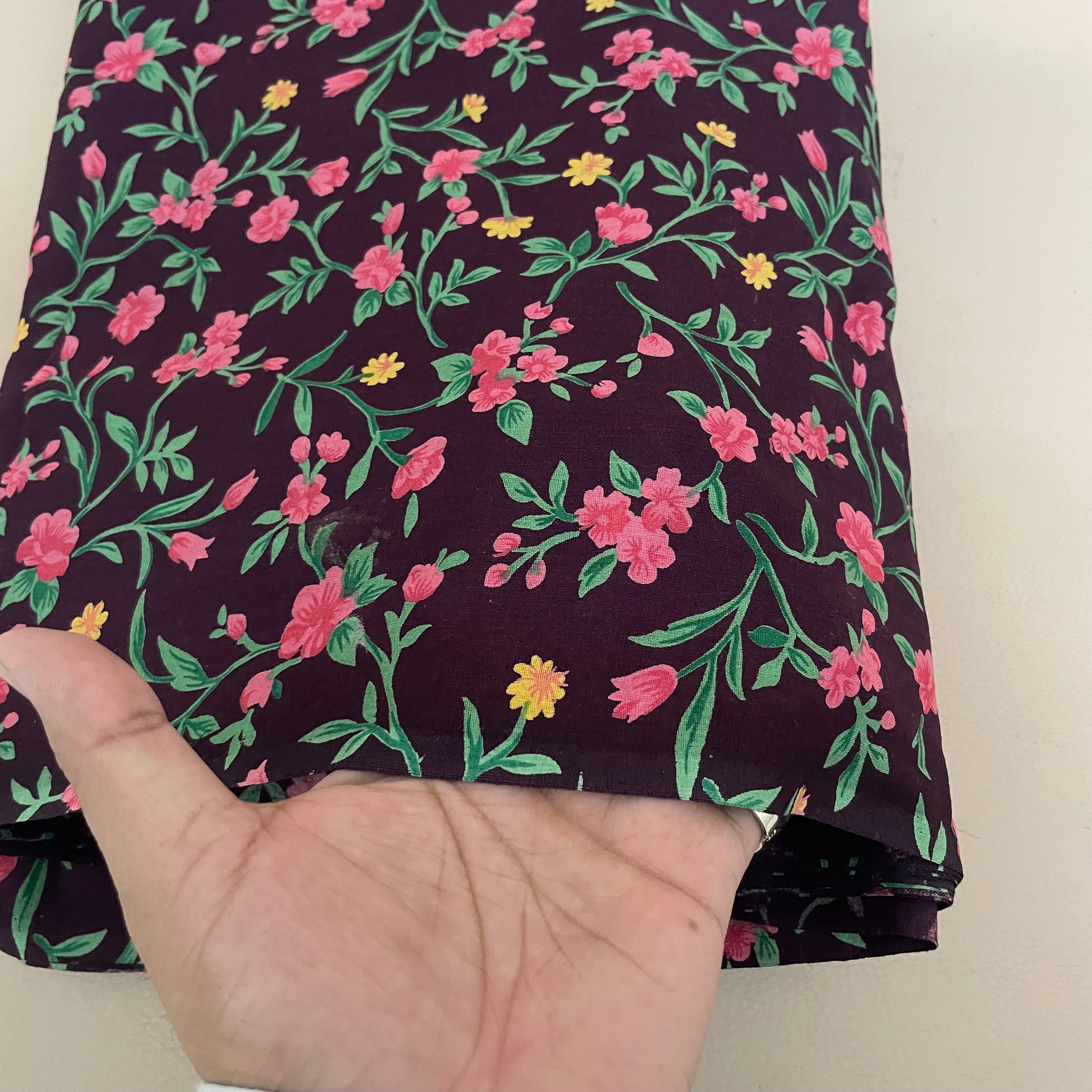 Midnight Purple Floral Cotton Fabric by Yard – 42" Wide – Pink Blossoms & Yellow Wildflowers