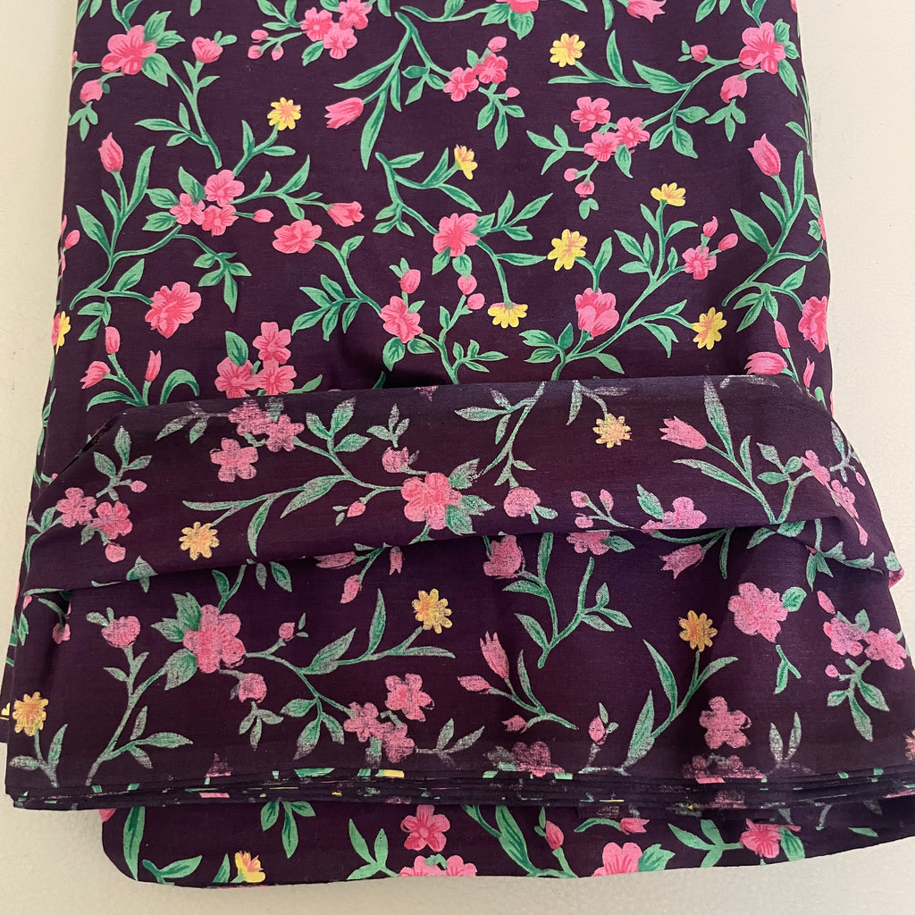 Midnight Purple Floral Cotton Fabric by Yard – 42" Wide – Pink Blossoms & Yellow Wildflowers