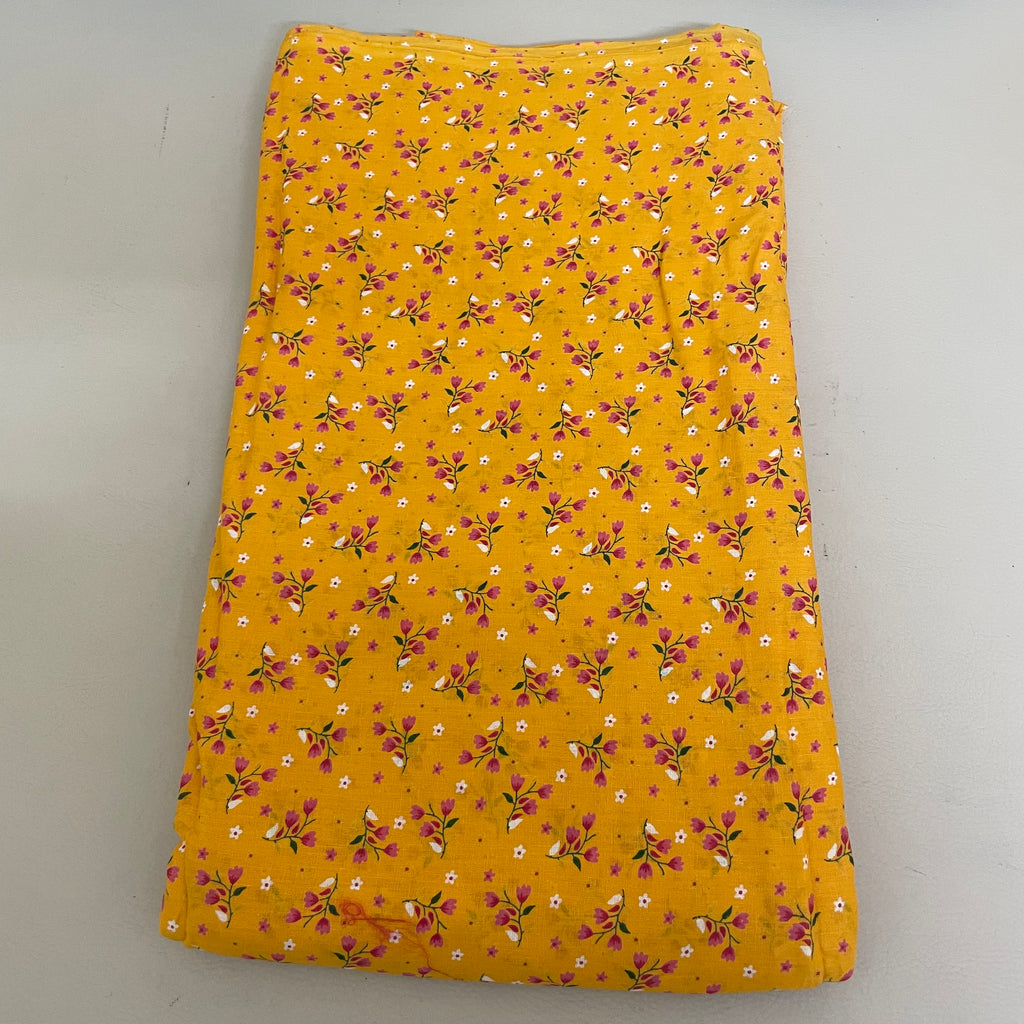 Mustard Yellow Floral Cotton Fabric by Yard – 42" Wide – Dainty Pink Blossoms & White Daisies
