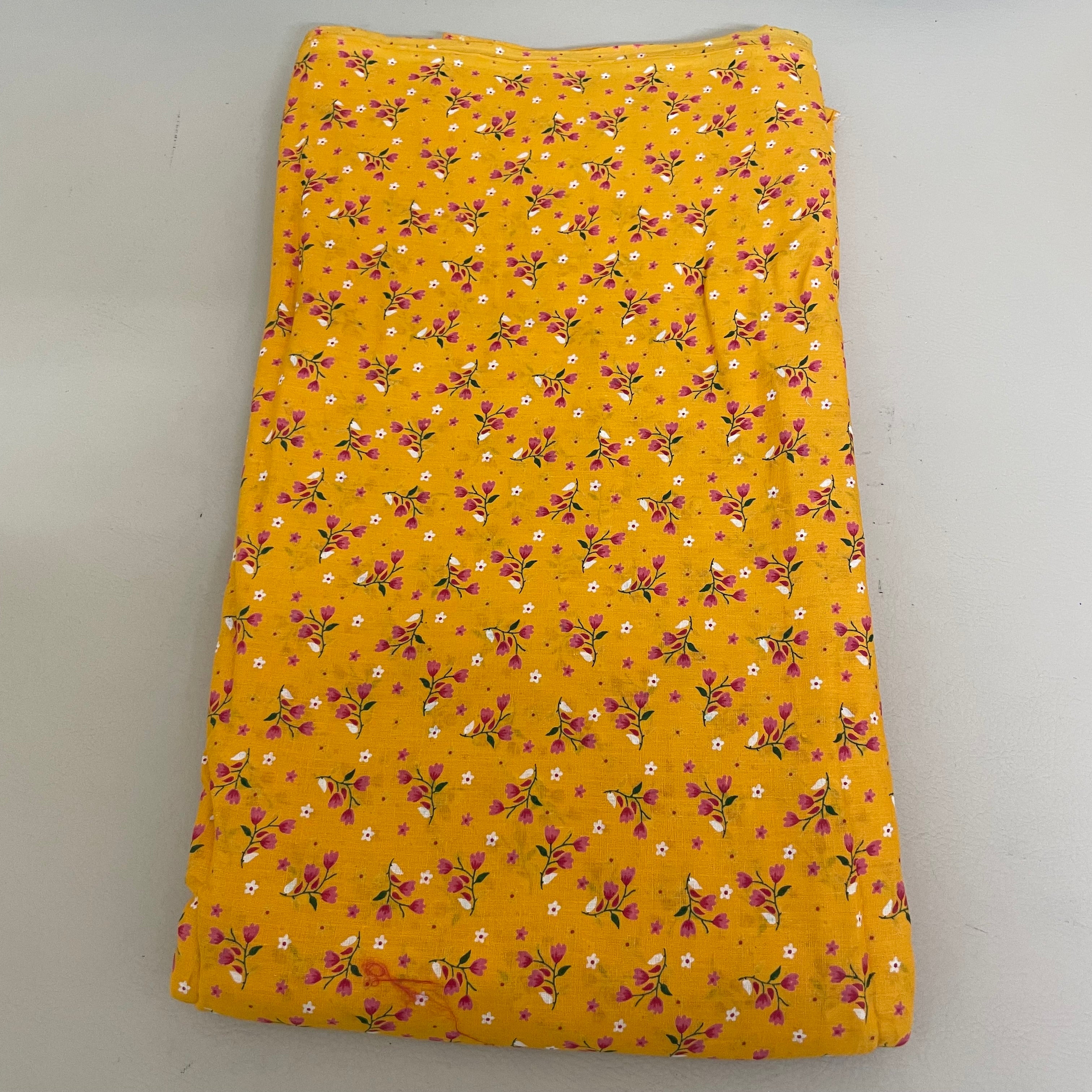 Mustard Yellow Floral Cotton Fabric by Yard – 42" Wide – Dainty Pink Blossoms & White Daisies