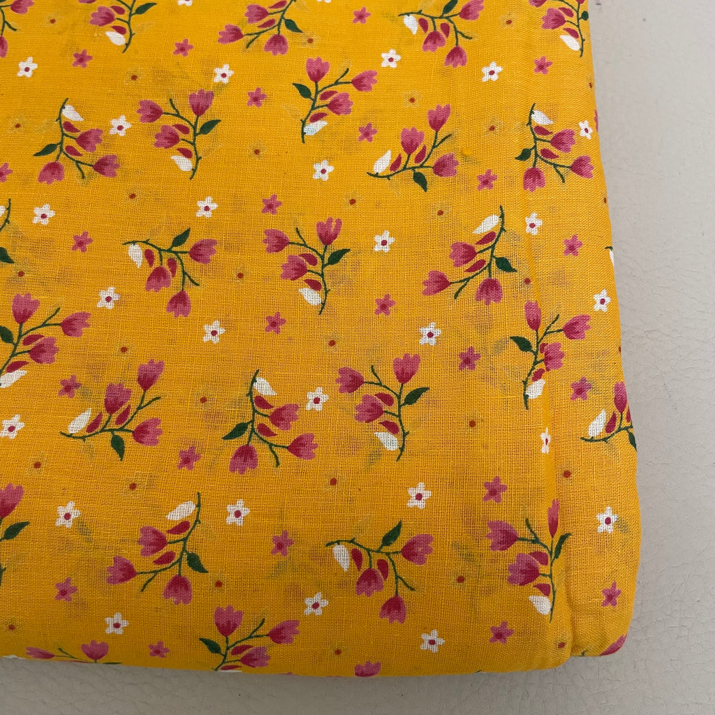 Mustard Yellow Floral Cotton Fabric by Yard – 42" Wide – Dainty Pink Blossoms & White Daisies