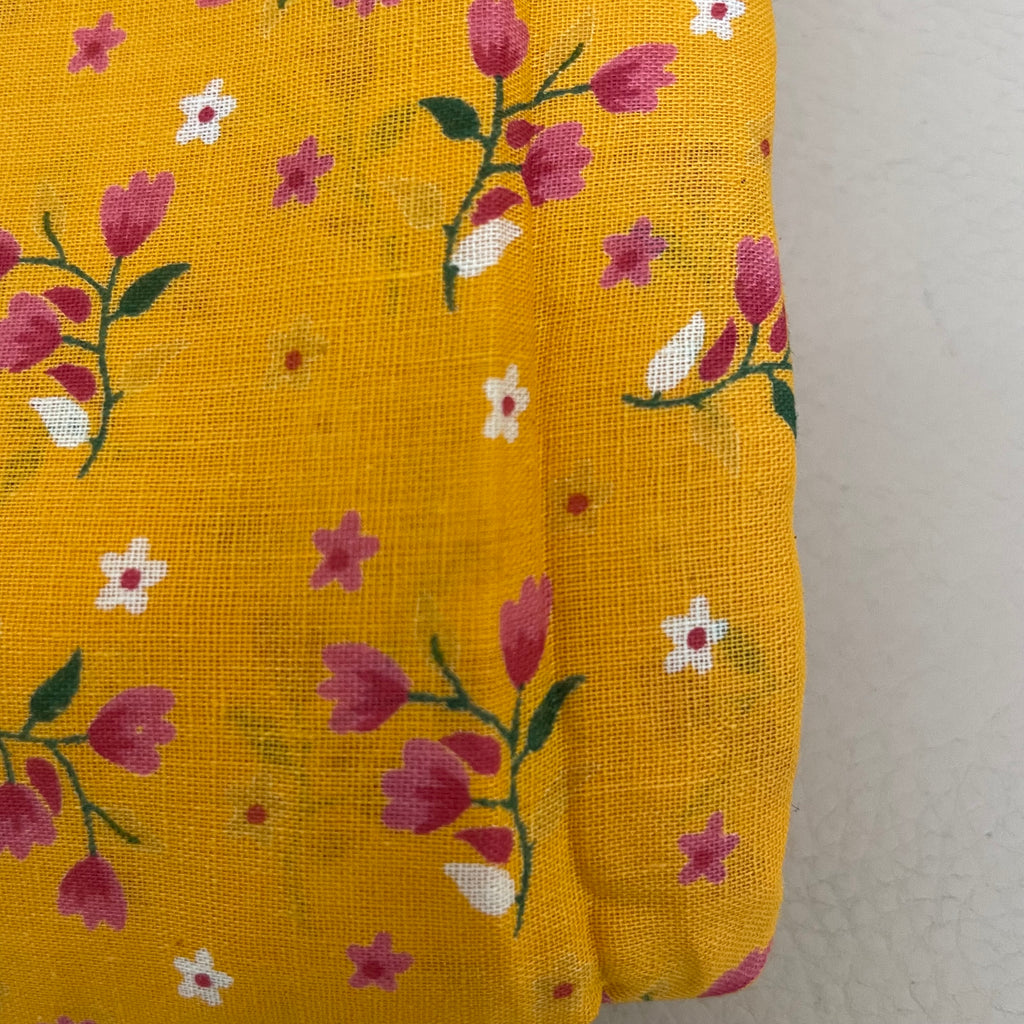 Mustard Yellow Floral Cotton Fabric by Yard – 42" Wide – Dainty Pink Blossoms & White Daisies