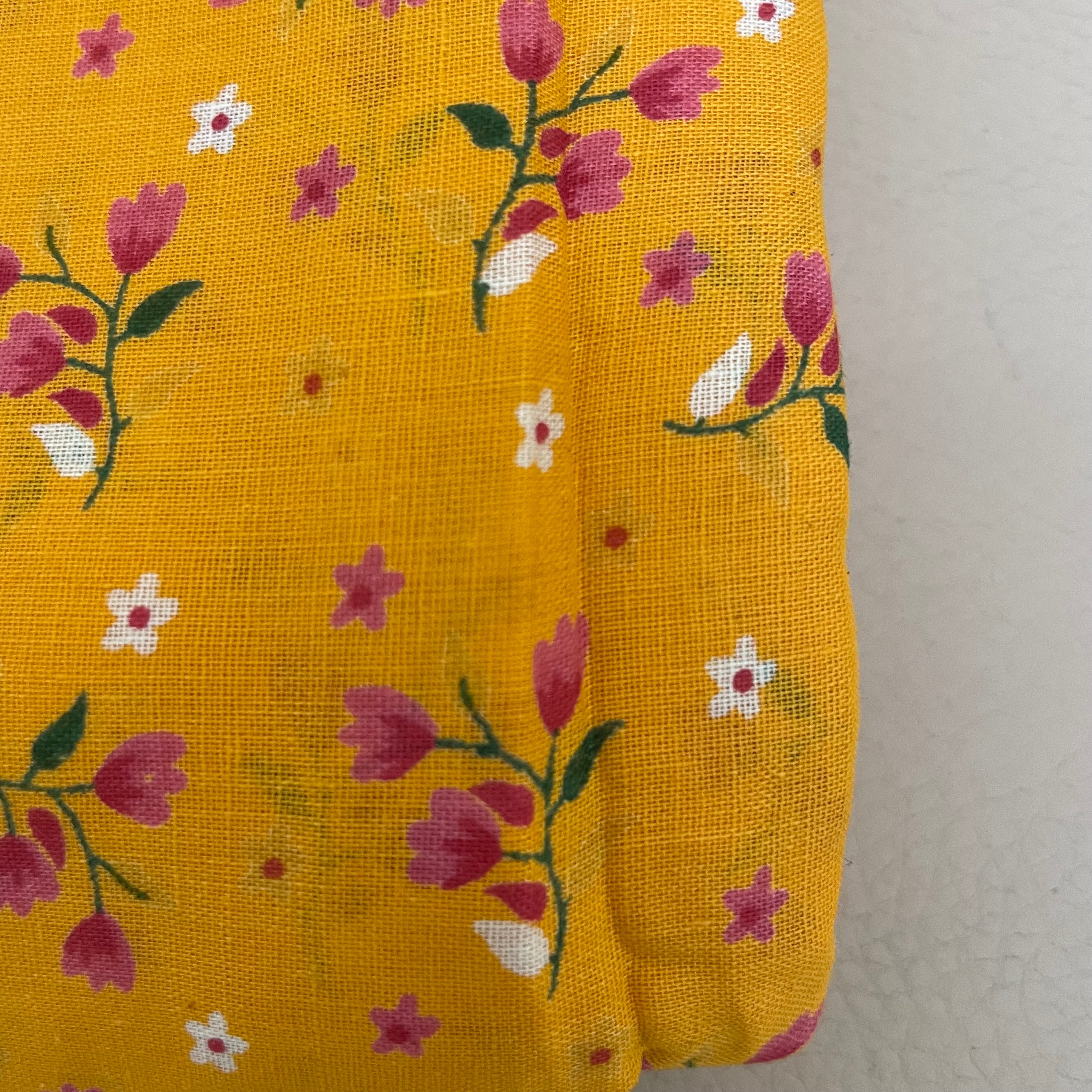 Mustard Yellow Floral Cotton Fabric by Yard – 42" Wide – Dainty Pink Blossoms & White Daisies
