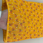 Mustard Yellow Floral Cotton Fabric by Yard – 42" Wide – Dainty Pink Blossoms & White Daisies