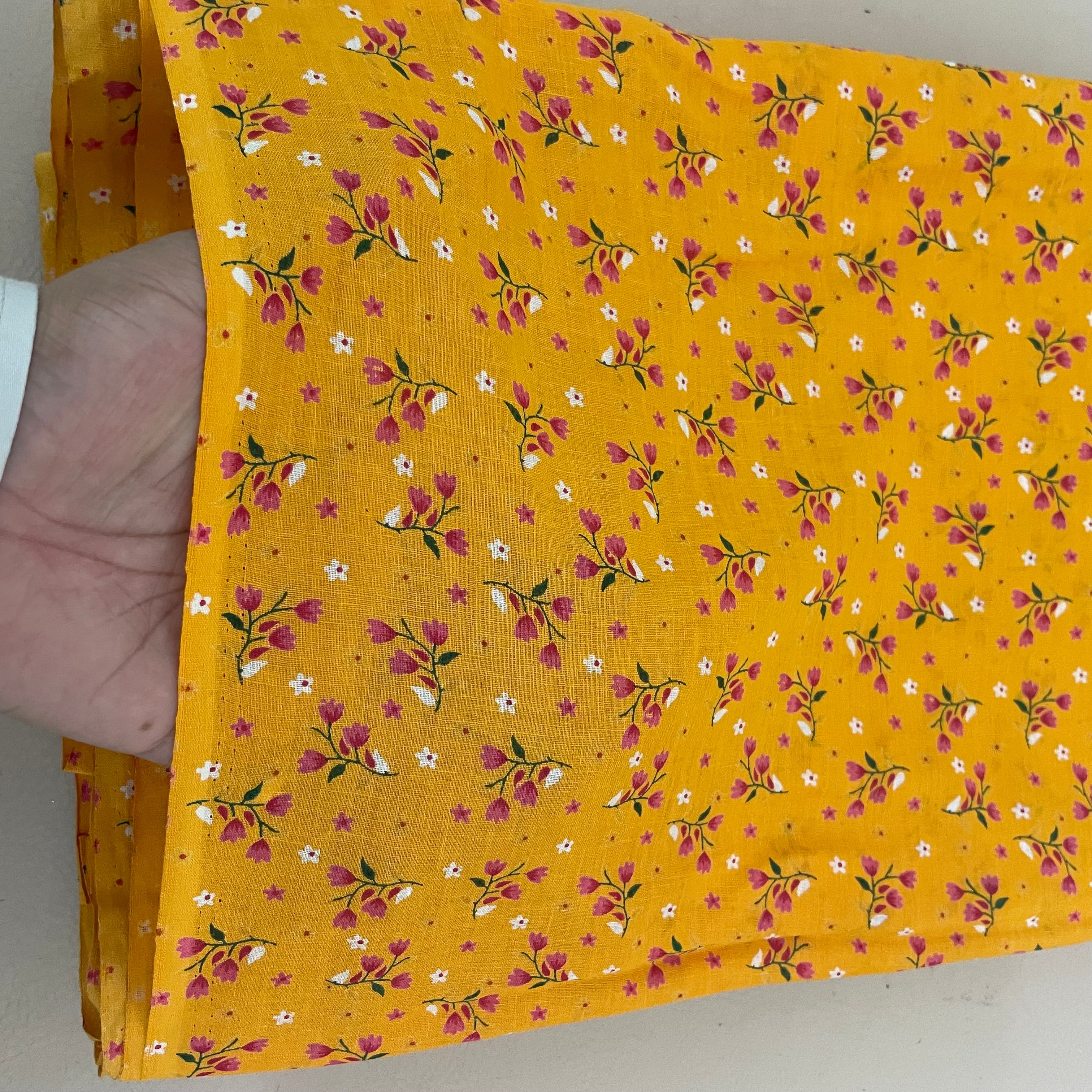 Mustard Yellow Floral Cotton Fabric by Yard – 42" Wide – Dainty Pink Blossoms & White Daisies
