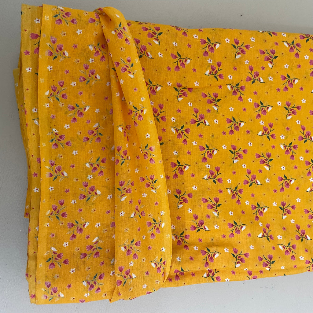 Mustard Yellow Floral Cotton Fabric by Yard – 42" Wide – Dainty Pink Blossoms & White Daisies
