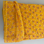 Mustard Yellow Floral Cotton Fabric by Yard – 42" Wide – Dainty Pink Blossoms & White Daisies