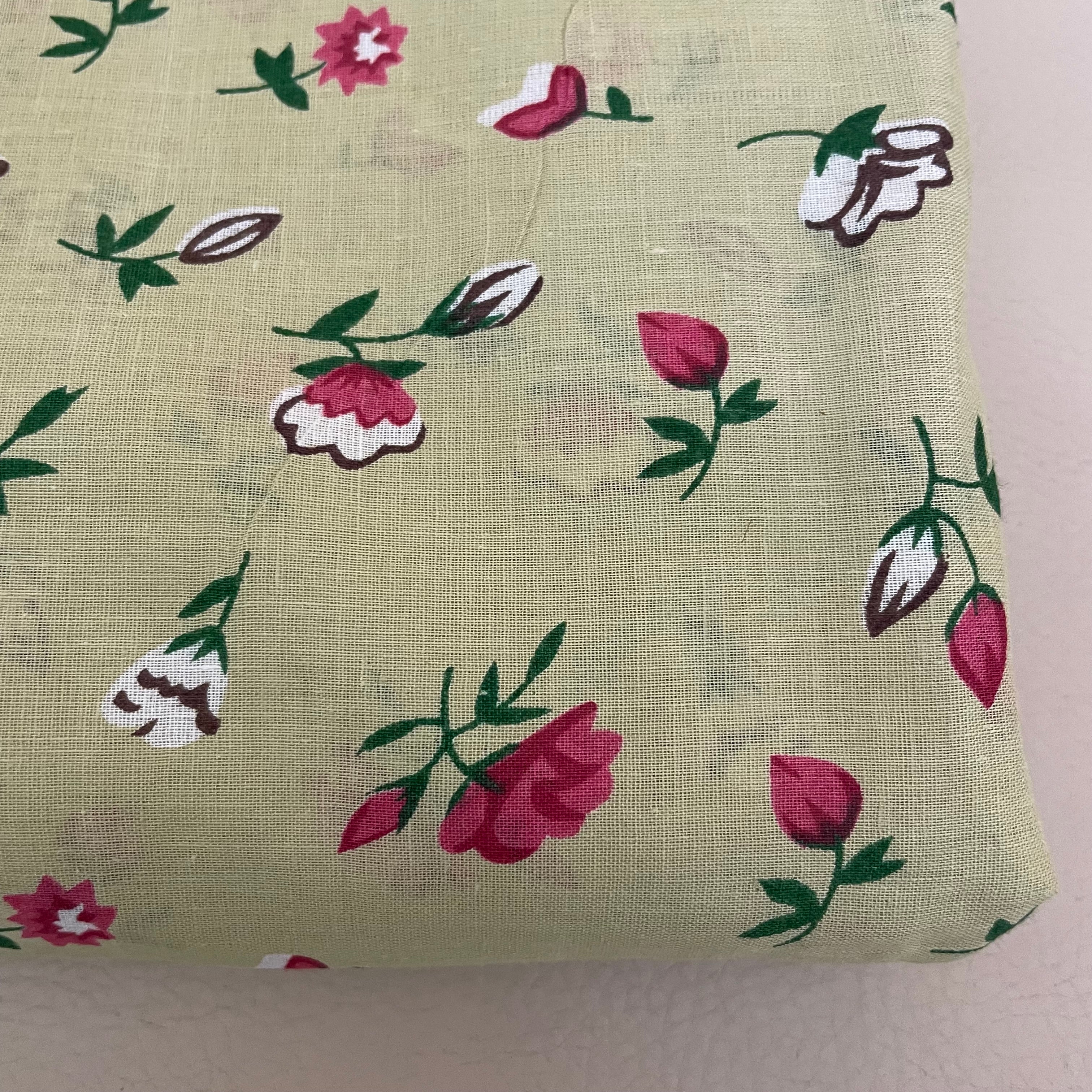 Floral Cotton Fabric by Yard – 42" Wide – Berry Pink & White Buds on Warm Beige