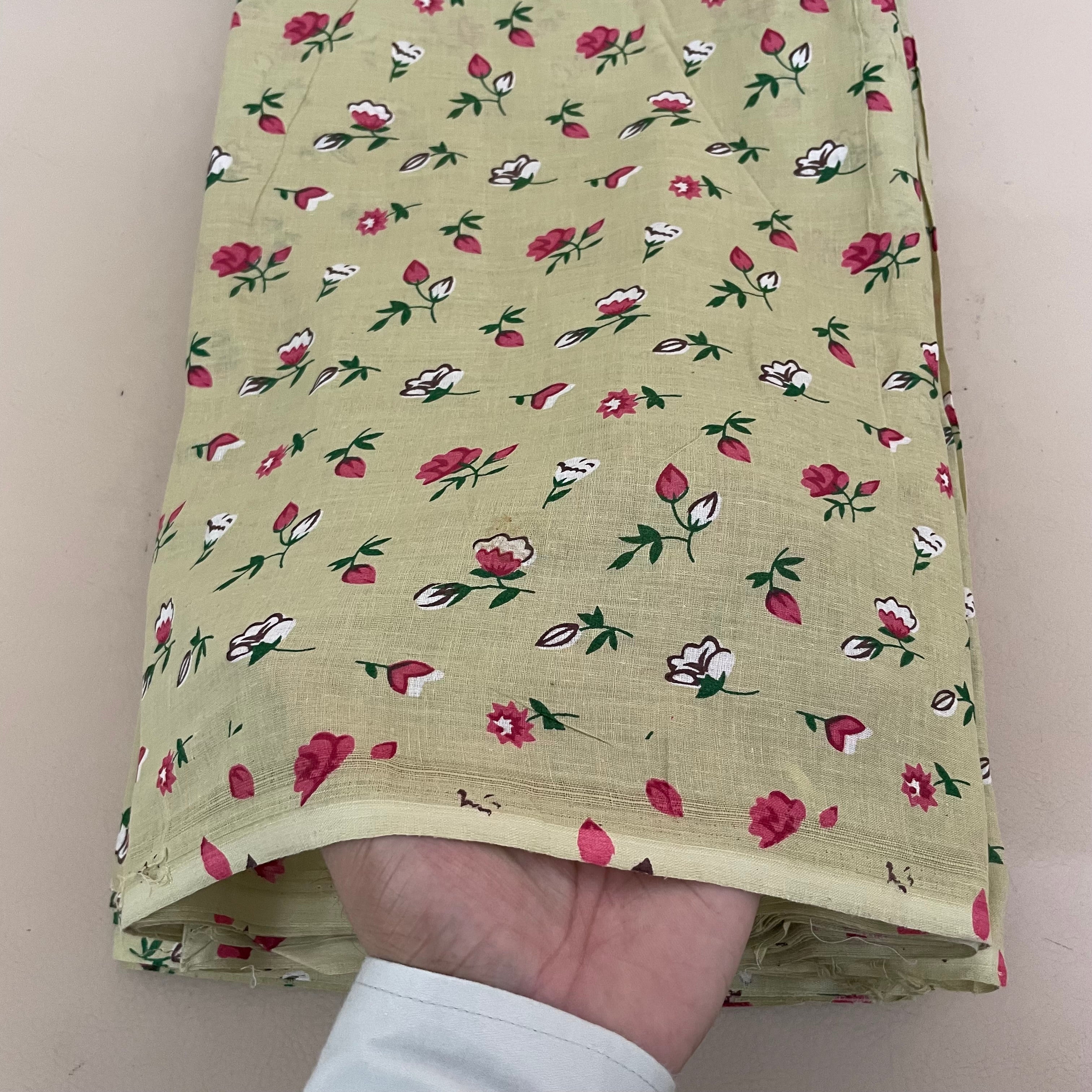 Floral Cotton Fabric by Yard – 42" Wide – Berry Pink & White Buds on Warm Beige