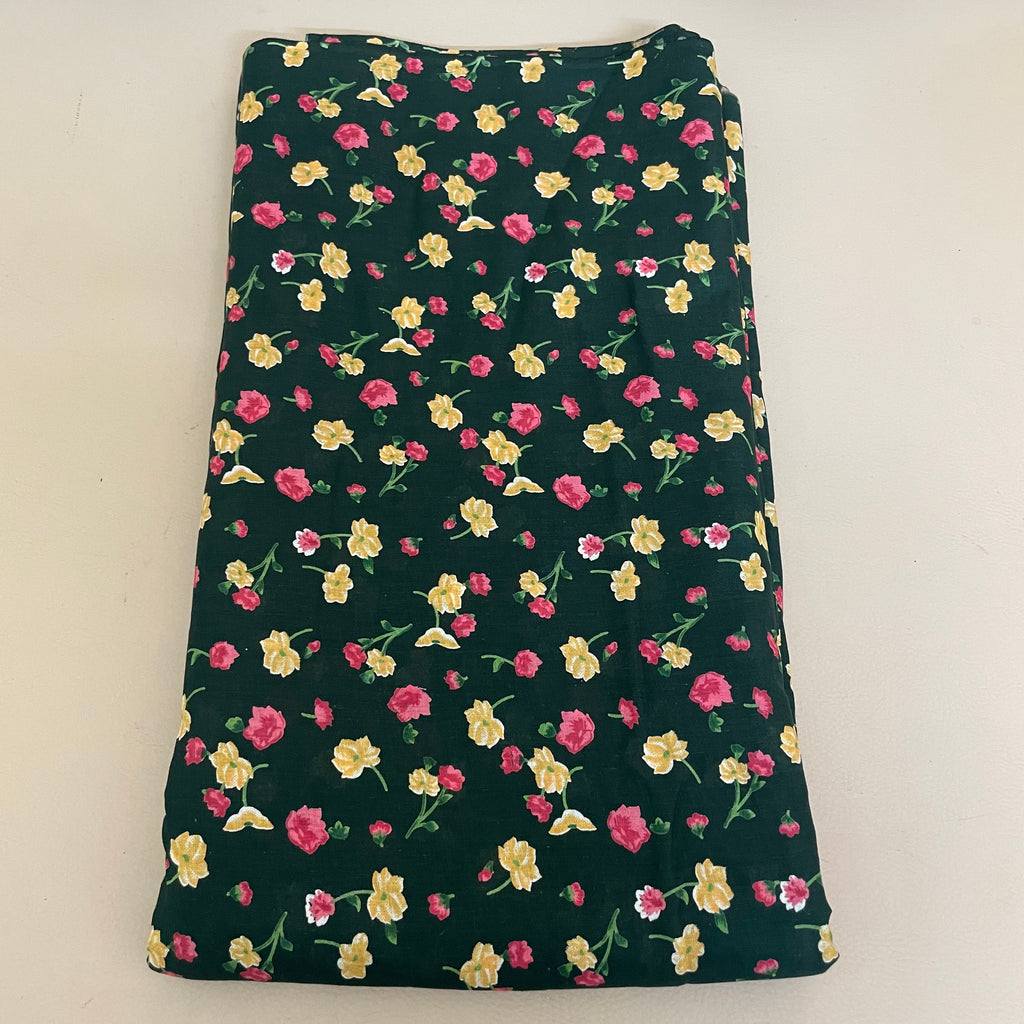 English Garden Floral Cotton Fabric by Yard – 42" Wide – Pink & Yellow Blossoms on Forest Green