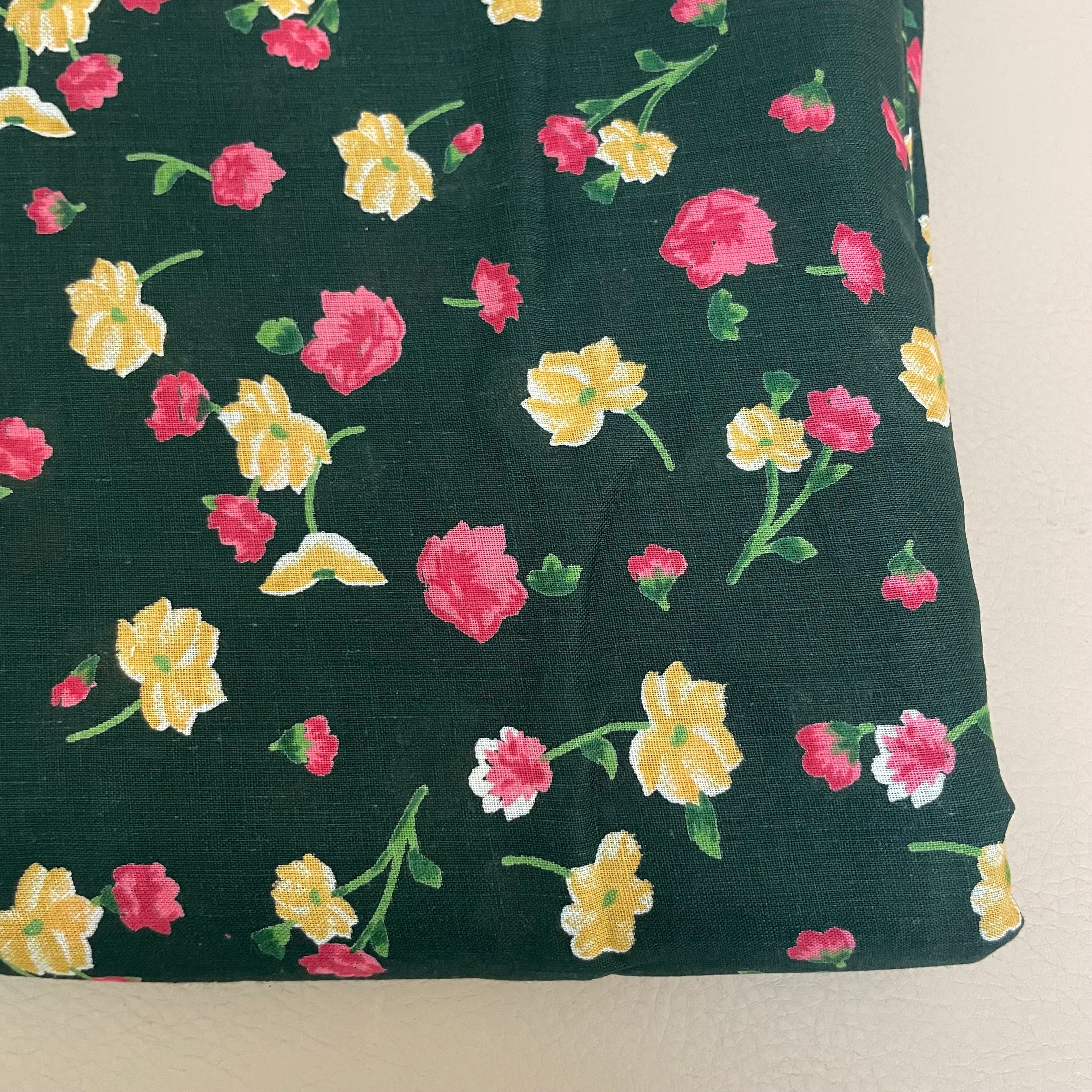 English Garden Floral Cotton Fabric by Yard – 42" Wide – Pink & Yellow Blossoms on Forest Green