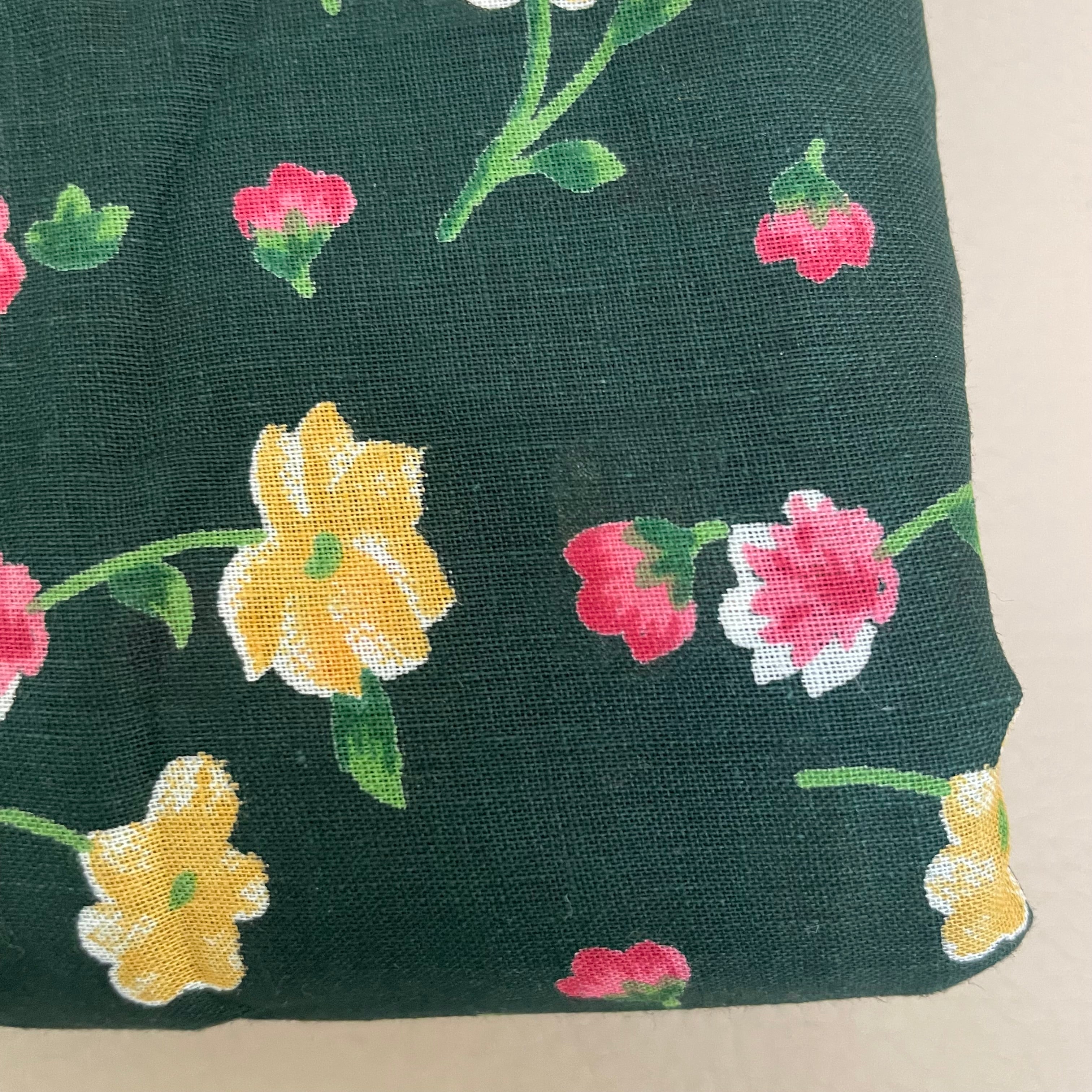 English Garden Floral Cotton Fabric by Yard – 42" Wide – Pink & Yellow Blossoms on Forest Green
