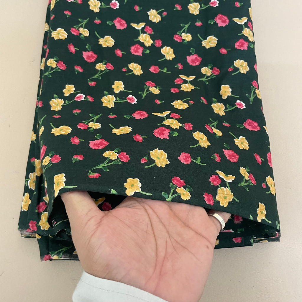 English Garden Floral Cotton Fabric by Yard – 42" Wide – Pink & Yellow Blossoms on Forest Green
