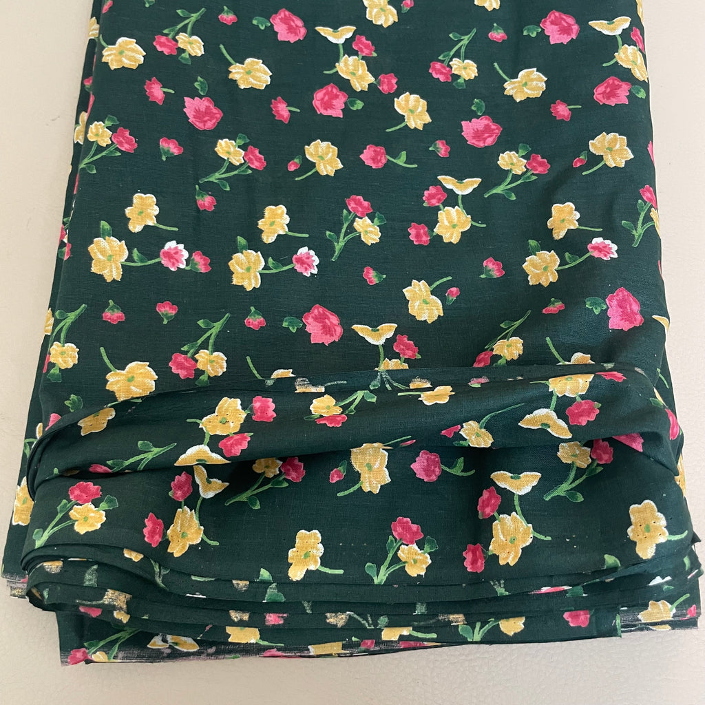 English Garden Floral Cotton Fabric by Yard – 42" Wide – Pink & Yellow Blossoms on Forest Green