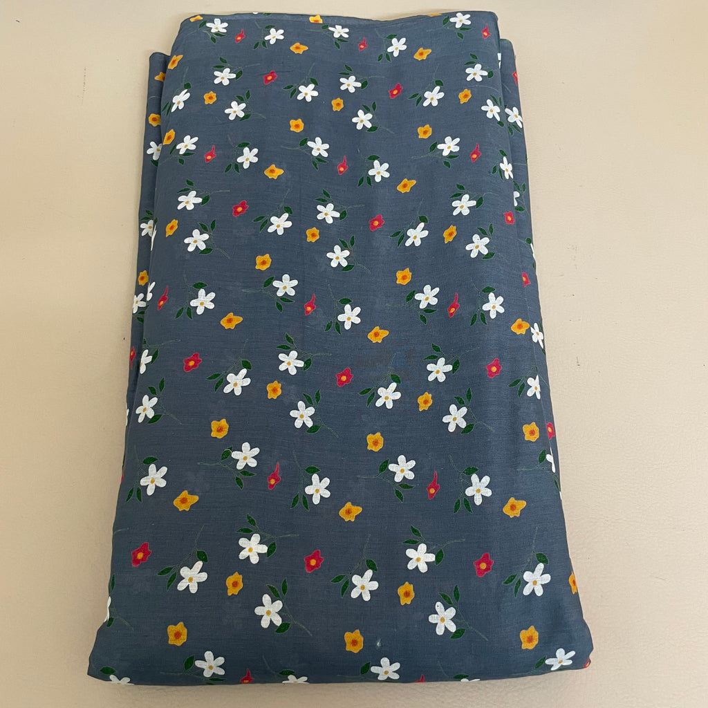 Wildflower Meadow Daisy Cotton Fabric – 42" Wide – White & Yellow Florals on Slate Blue – Sold by the Yard