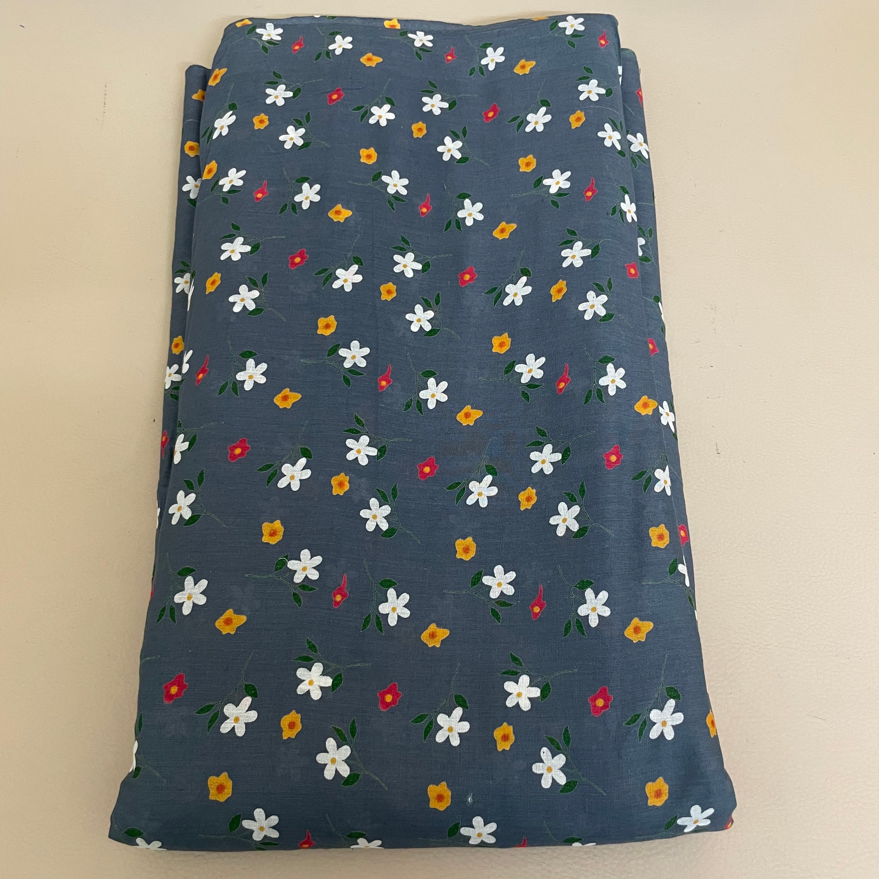 Wildflower Meadow Daisy Cotton Fabric – 42" Wide – White & Yellow Florals on Slate Blue – Sold by the Yard