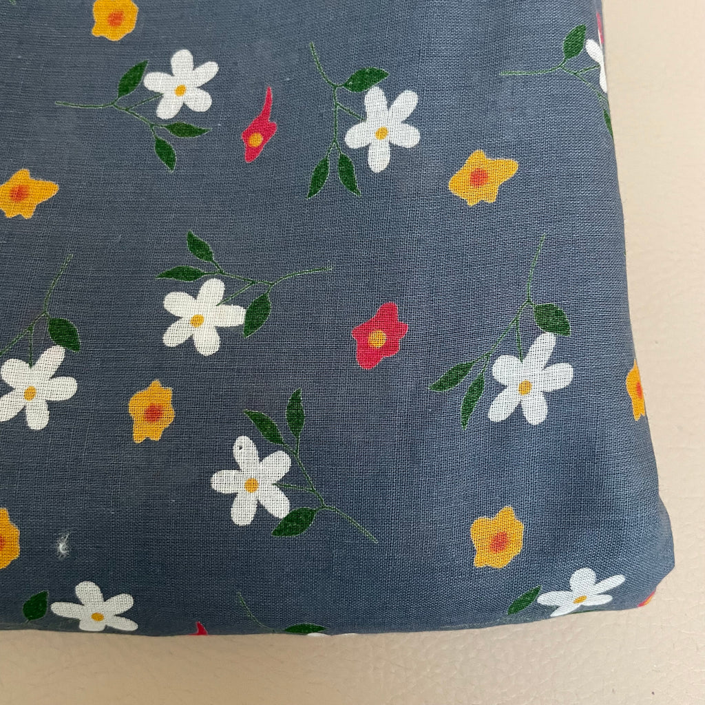 Wildflower Meadow Daisy Cotton Fabric – 42" Wide – White & Yellow Florals on Slate Blue – Sold by the Yard