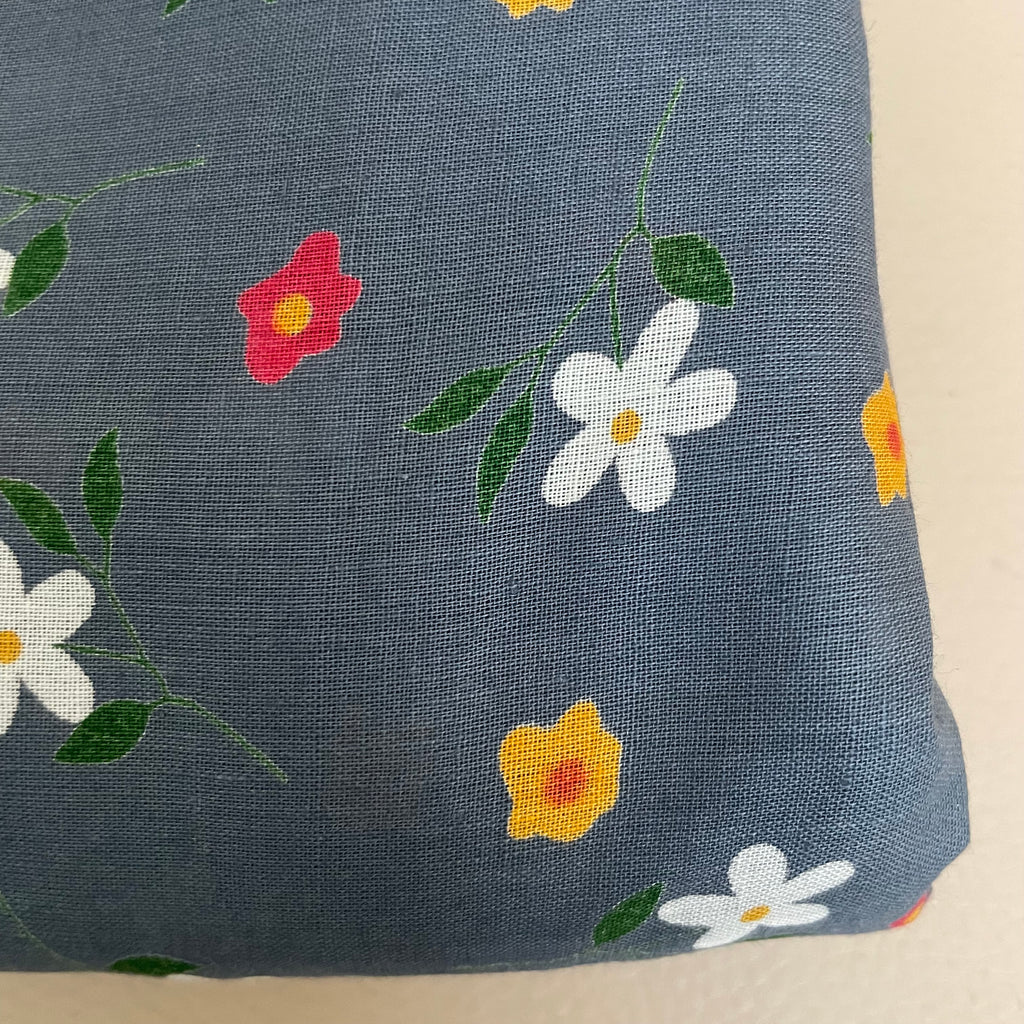 Wildflower Meadow Daisy Cotton Fabric – 42" Wide – White & Yellow Florals on Slate Blue – Sold by the Yard