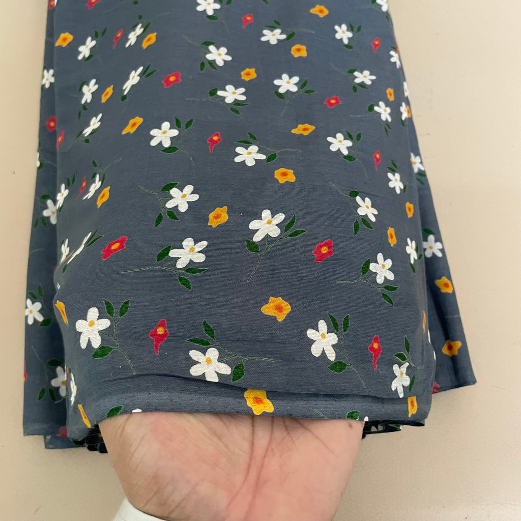 Wildflower Meadow Daisy Cotton Fabric – 42" Wide – White & Yellow Florals on Slate Blue – Sold by the Yard