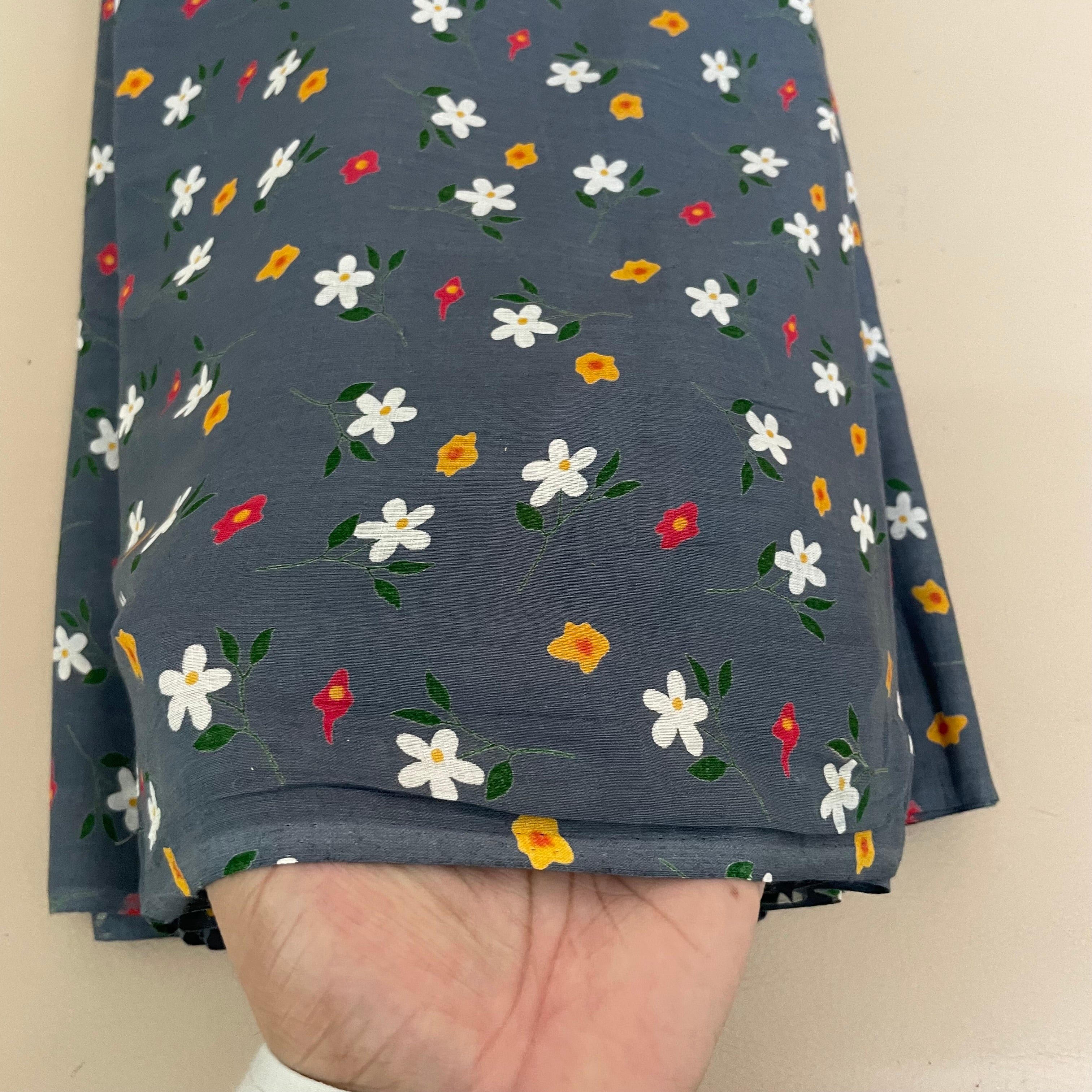 Wildflower Meadow Daisy Cotton Fabric – 42" Wide – White & Yellow Florals on Slate Blue – Sold by the Yard
