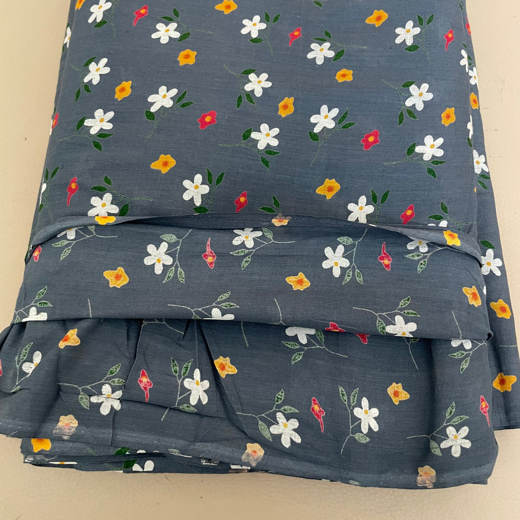 Wildflower Meadow Daisy Cotton Fabric – 42" Wide – White & Yellow Florals on Slate Blue – Sold by the Yard